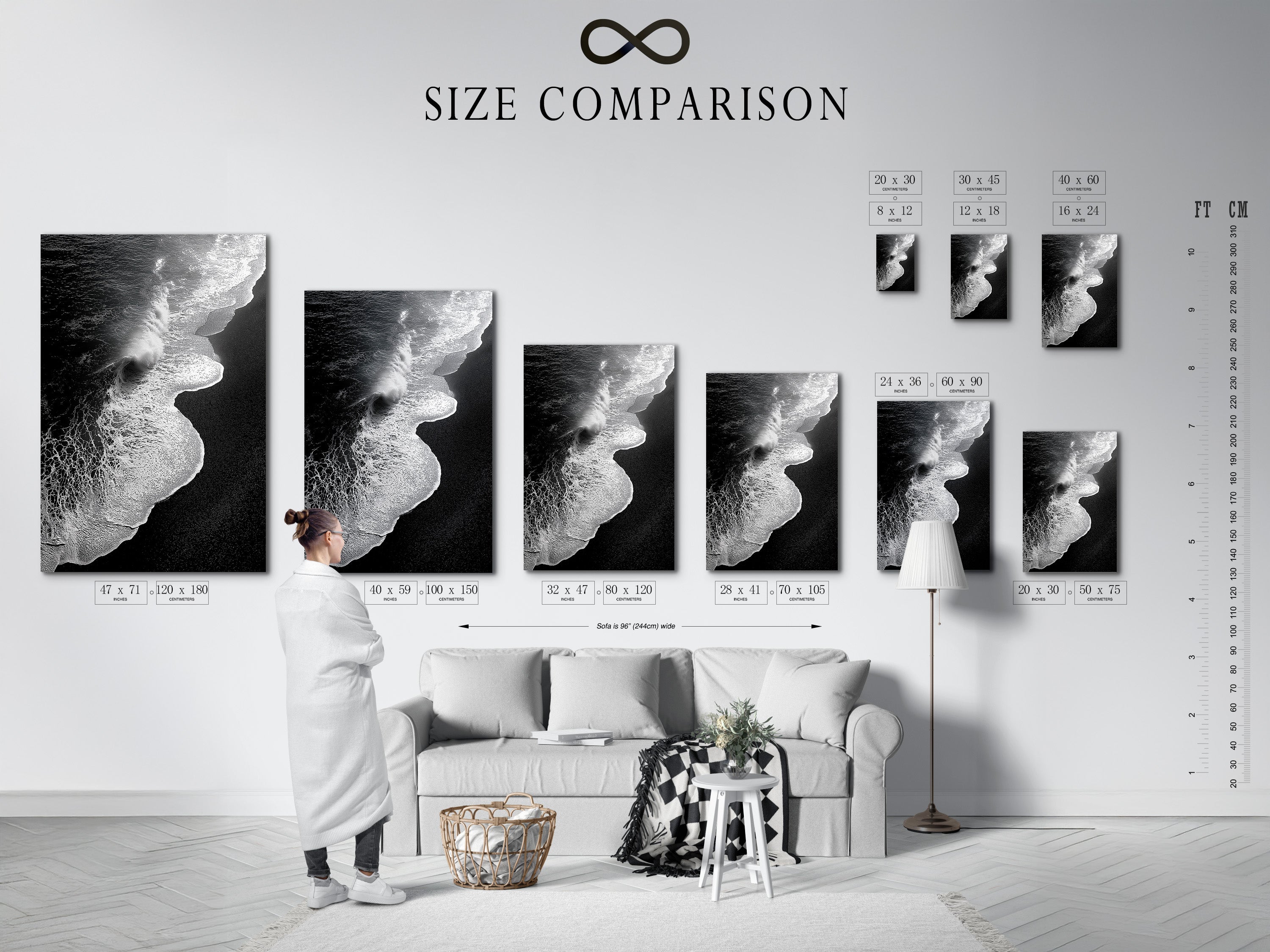 A size comparison chart is displayed in an interior setting. It showcases various dimensions for artwork prints. It is perfect for minimalist decor. This beach canvas print helps visualize the perfect fit for your space. Explore ocean photography options for coastal wall art. Find the ideal size for your living room or bedroom decor.