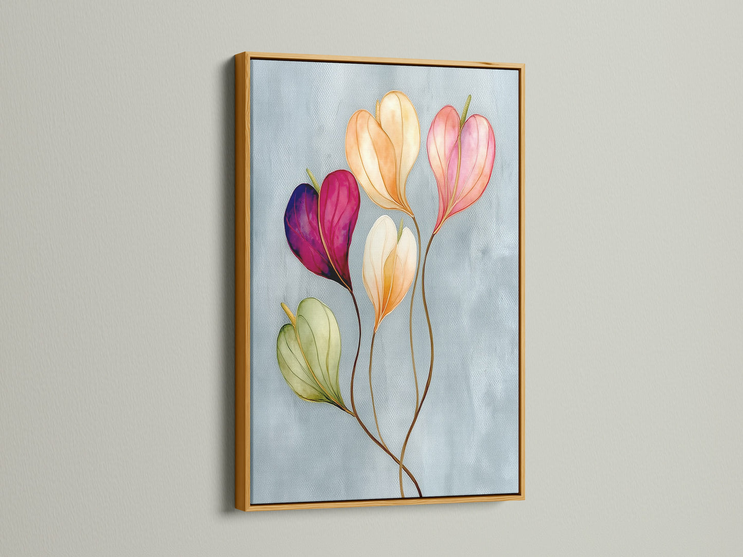 Floral watercolor canvas print in a gold frame is displayed. The blush pink decor complements modern interiors. This botanical canvas is suitable for a stylish office. Ideal for adding a touch of elegance with flower artwork. Makes a thoughtful flower gift idea.