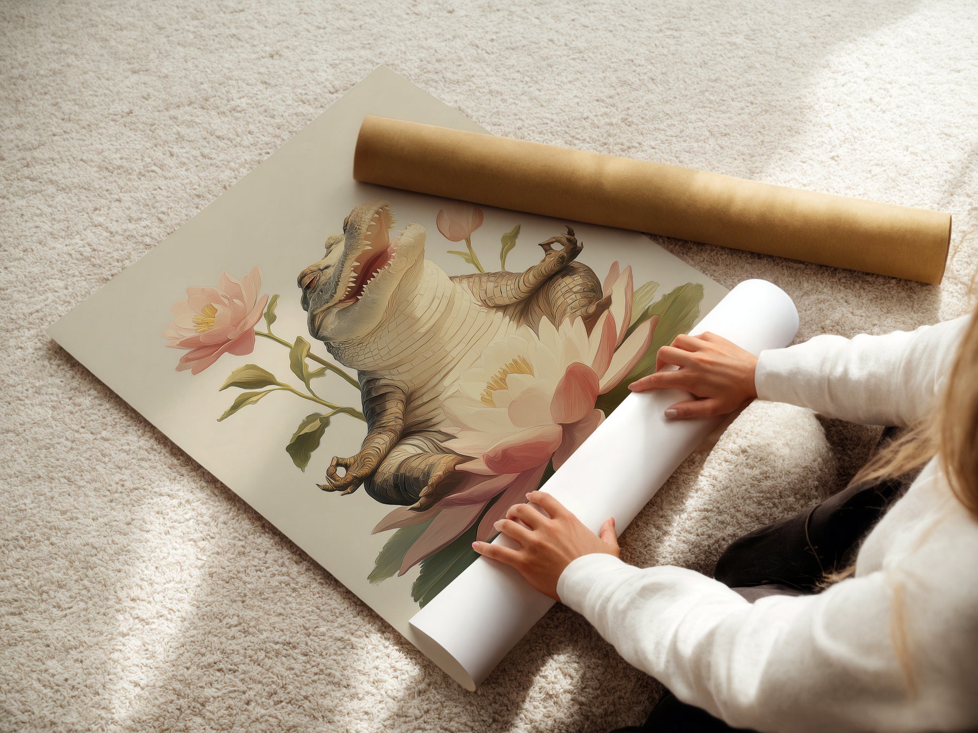 A woman is carefully rolling a fine art poster paper. The poster features the Zen Alligator art. This poster paper is perfect for those who appreciate quirky spiritual art. Add a calming touch to your nursery or living area.