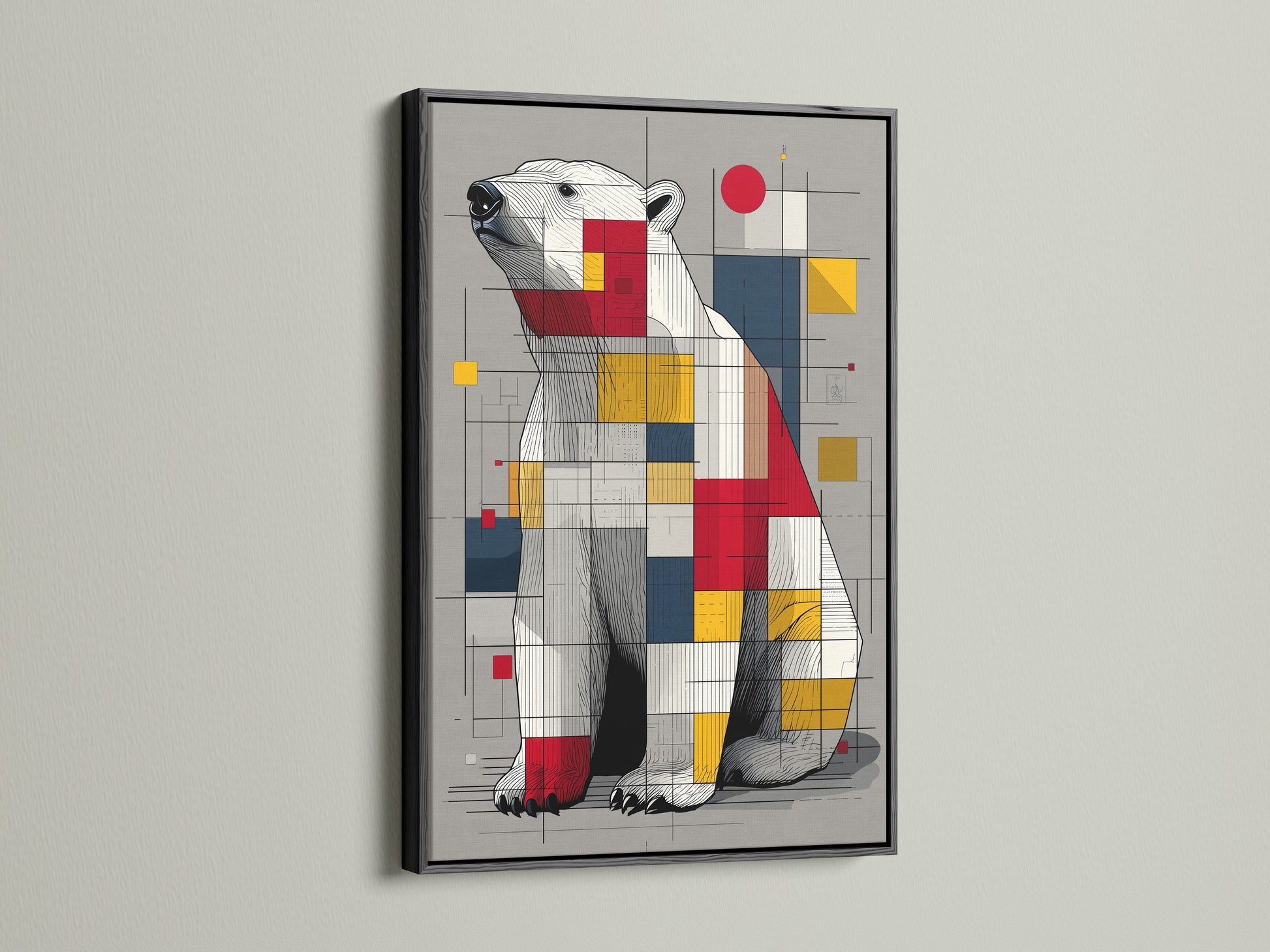 Artwork with a black frame. The artwork is of a polar bear. The polar bear art is made up of squares and lines. Ready to hang in any room. A great piece of art for your home or office. The black frame offers a bold and sophisticated touch.