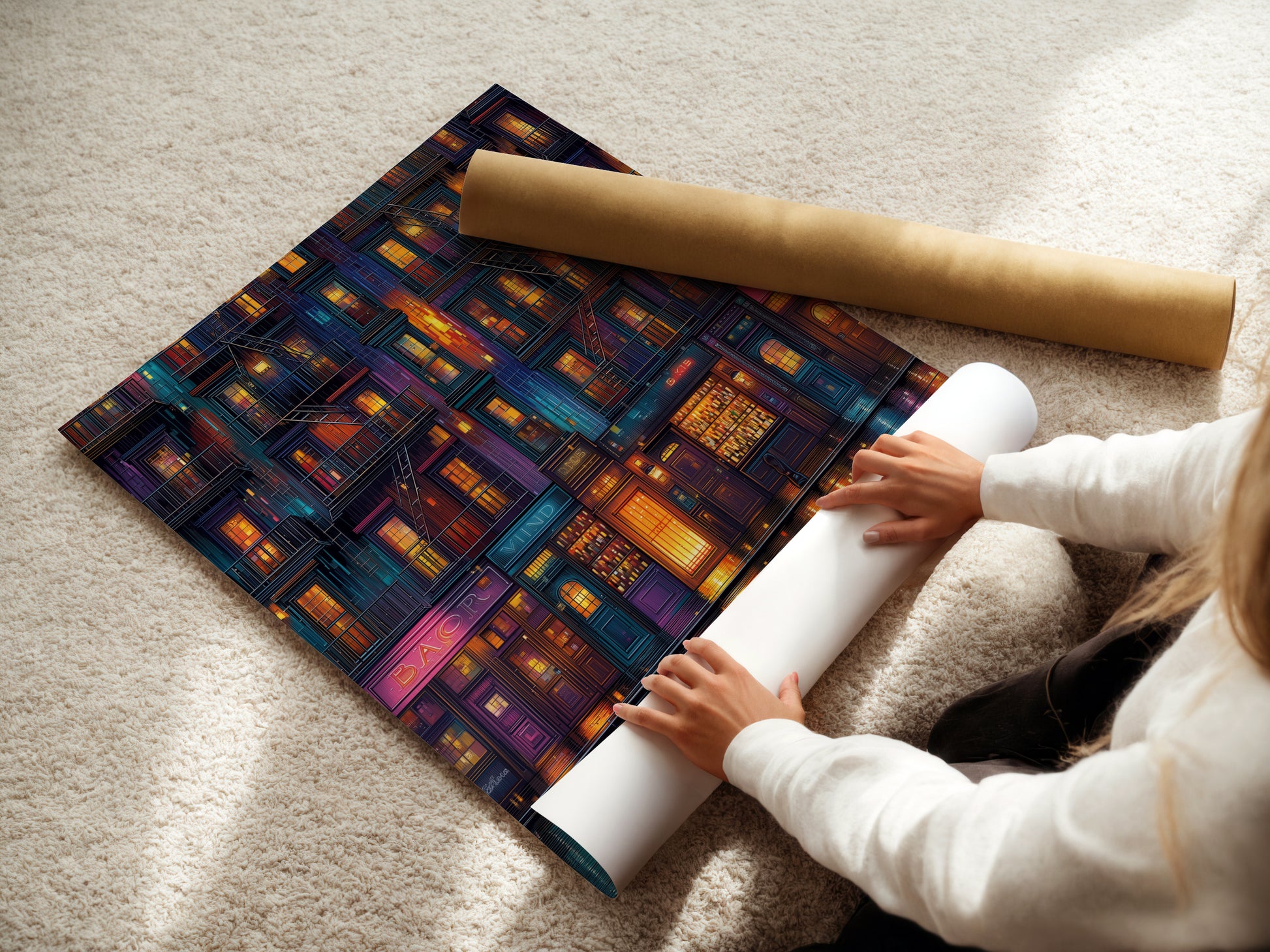 A woman is carefully rolling a fine art poster paper featuring Cityscape at Night. The urban neon artwork is ready for framing. Perfect for modern wall decor. Add a contemporary touch to your home.