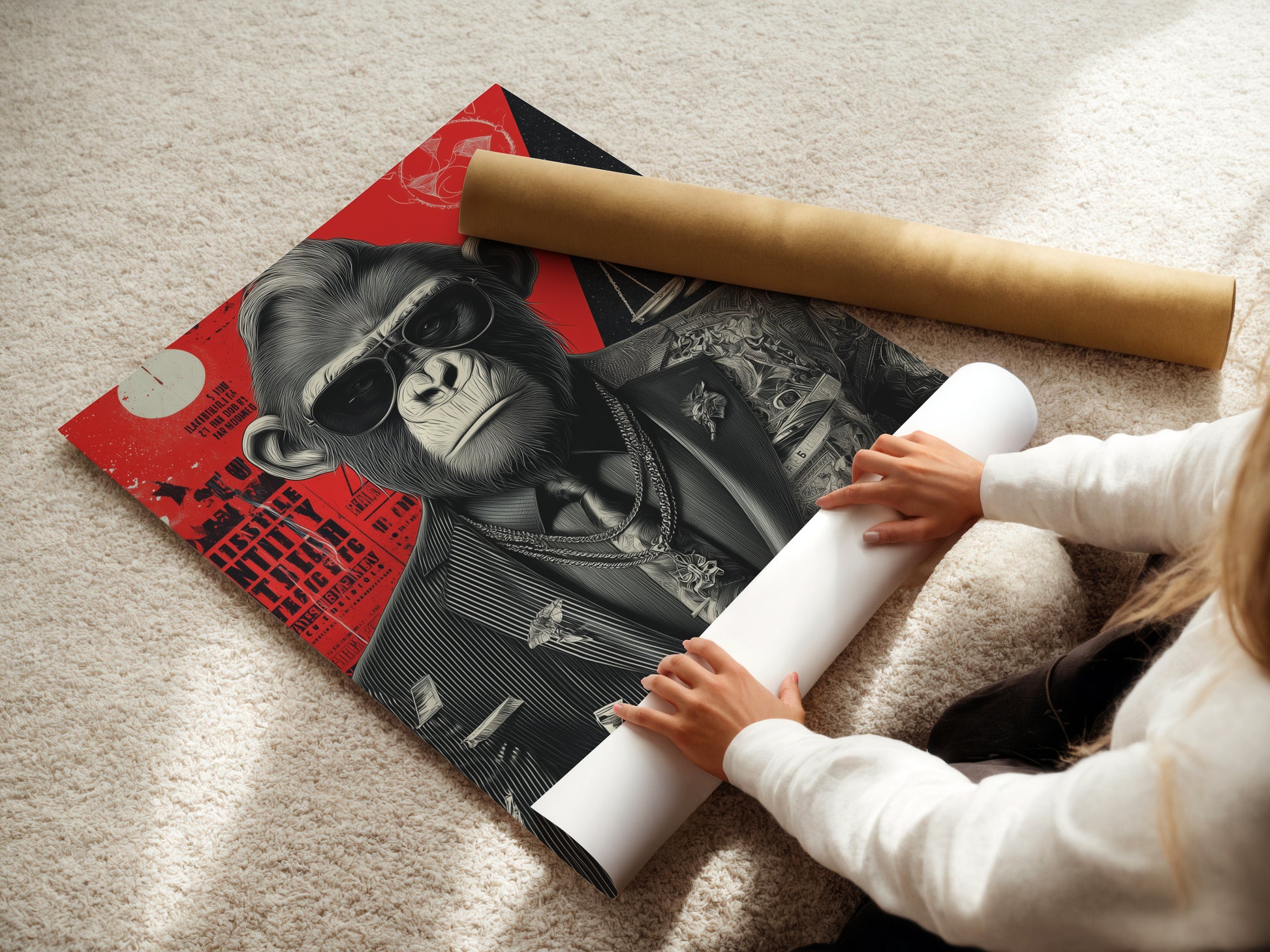 Woman rolling a fine art poster paper. The Cool Gorilla Art Print is perfect for creating distinctive office wall art. Enhance your workspace with this unique and quirky artwork