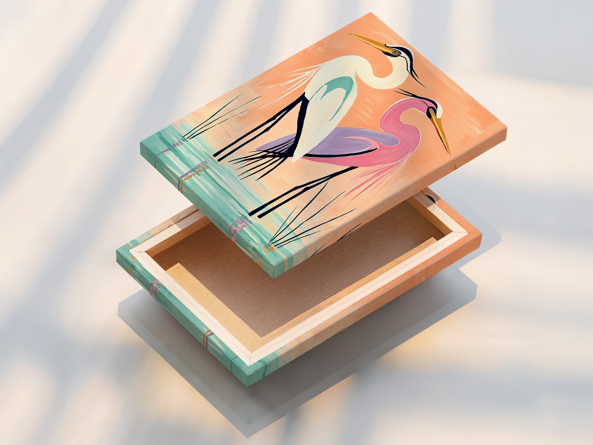 A stretched canvas print displays a heron artwork. The heron artwork is perfect for coastal minimalist or contemporary styles. This canvas print is ready to hang and enjoy. The stretched canvas print offers a gallery-wrapped look. It is perfect for living rooms bedrooms bathrooms studios lobbies clinics cafรฉs and spas.