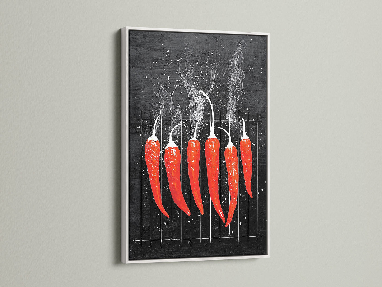 A red hot chili pepper artwork is framed in white. The art is displayed on a clean white wall. This spicy artwork enhances any kitchen or cafe space. It is perfect for homeowners seeking modern bistro wall art. It's a red hot addition to any space.