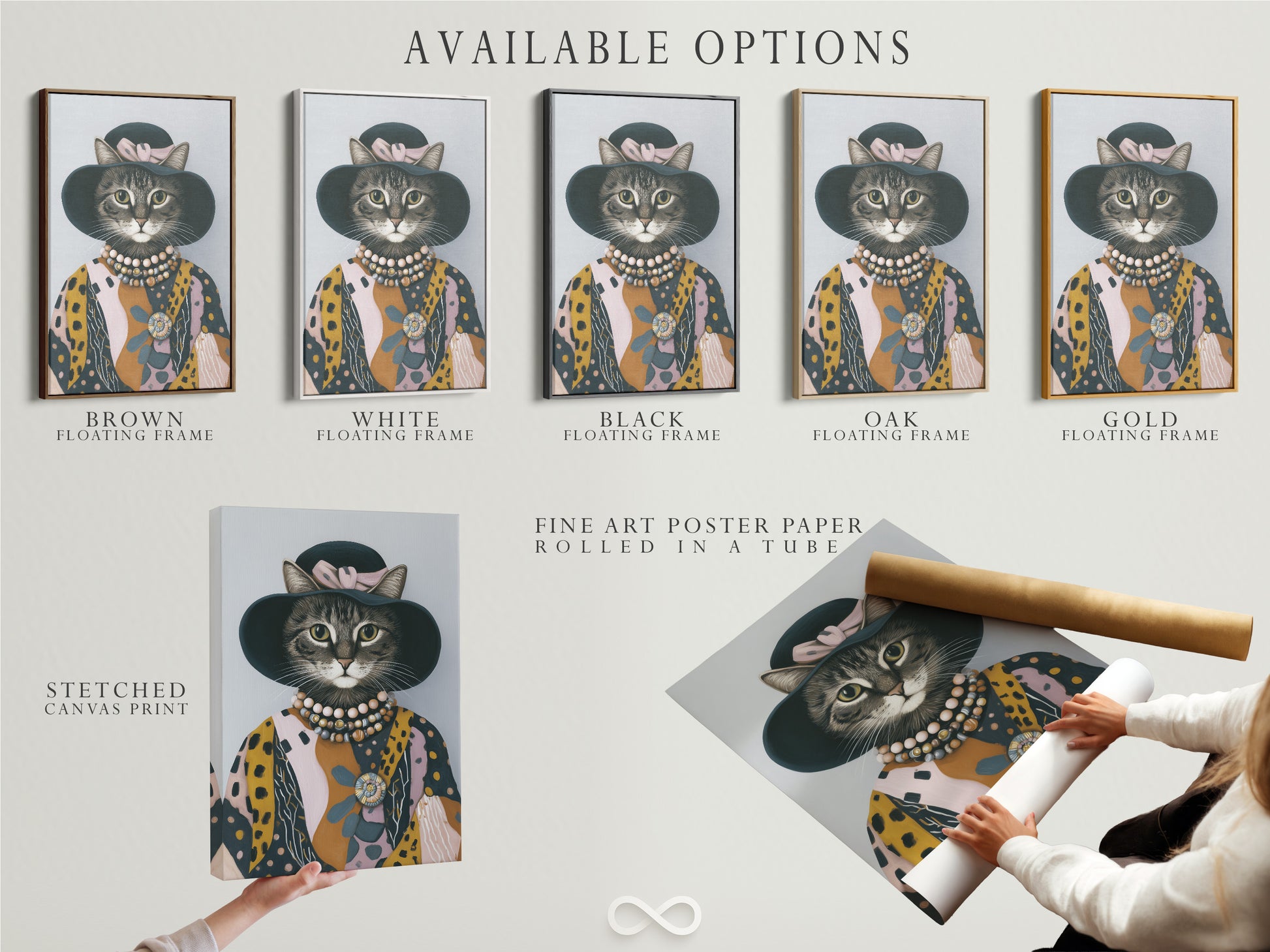 Explore available options for vintage cat art. Choose from stretched canvas print fine art poster paper or a floating frame. Find the perfect format for your dressed cat print. Elevate any space with feline art.