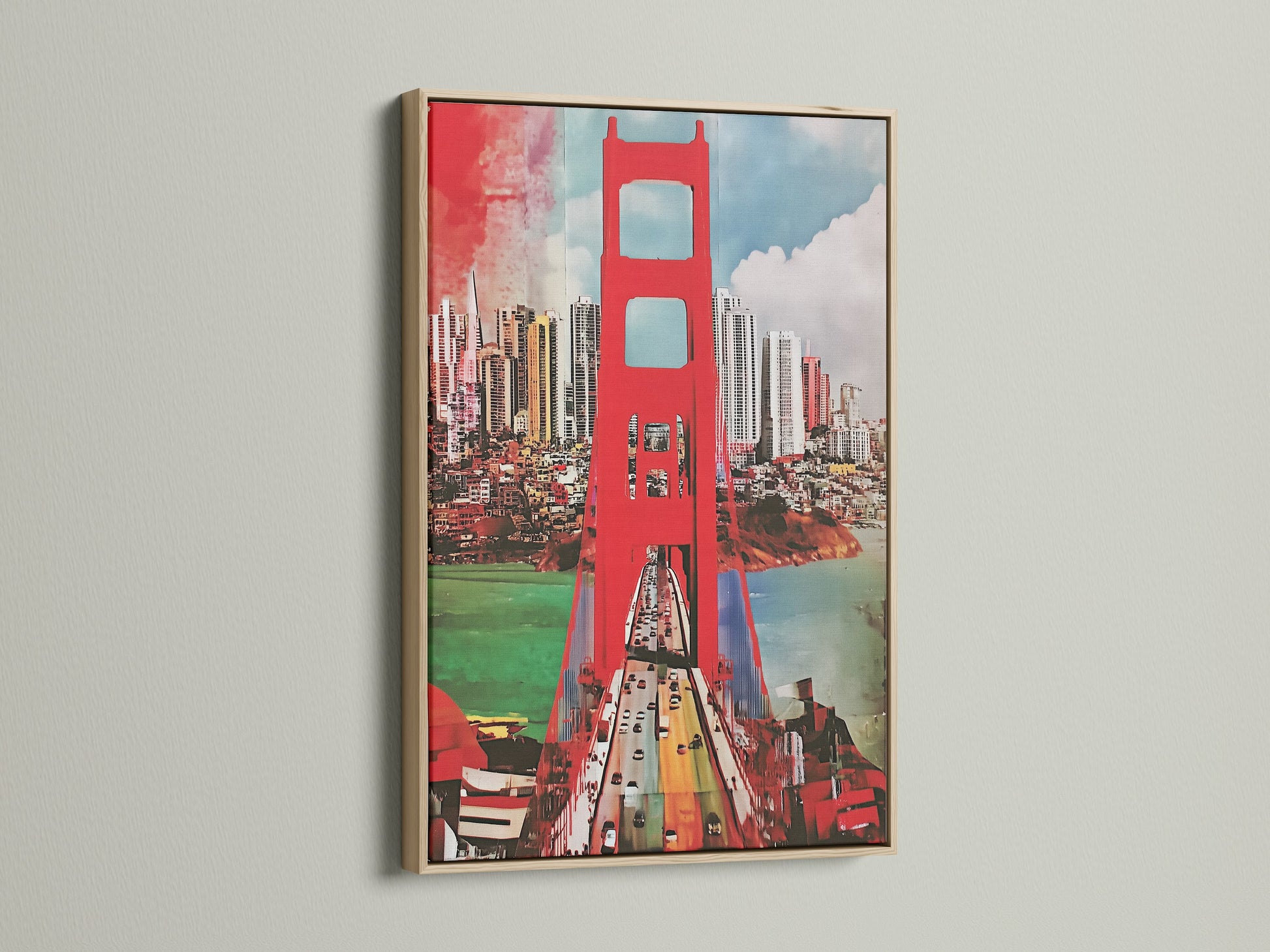 The Golden Gate Bridge art is showcased in an oak frame. This frame enhances the cityscape print. The natural wood tones complement the urban landscape artwork. Perfect for adding a touch of California decor to your space.