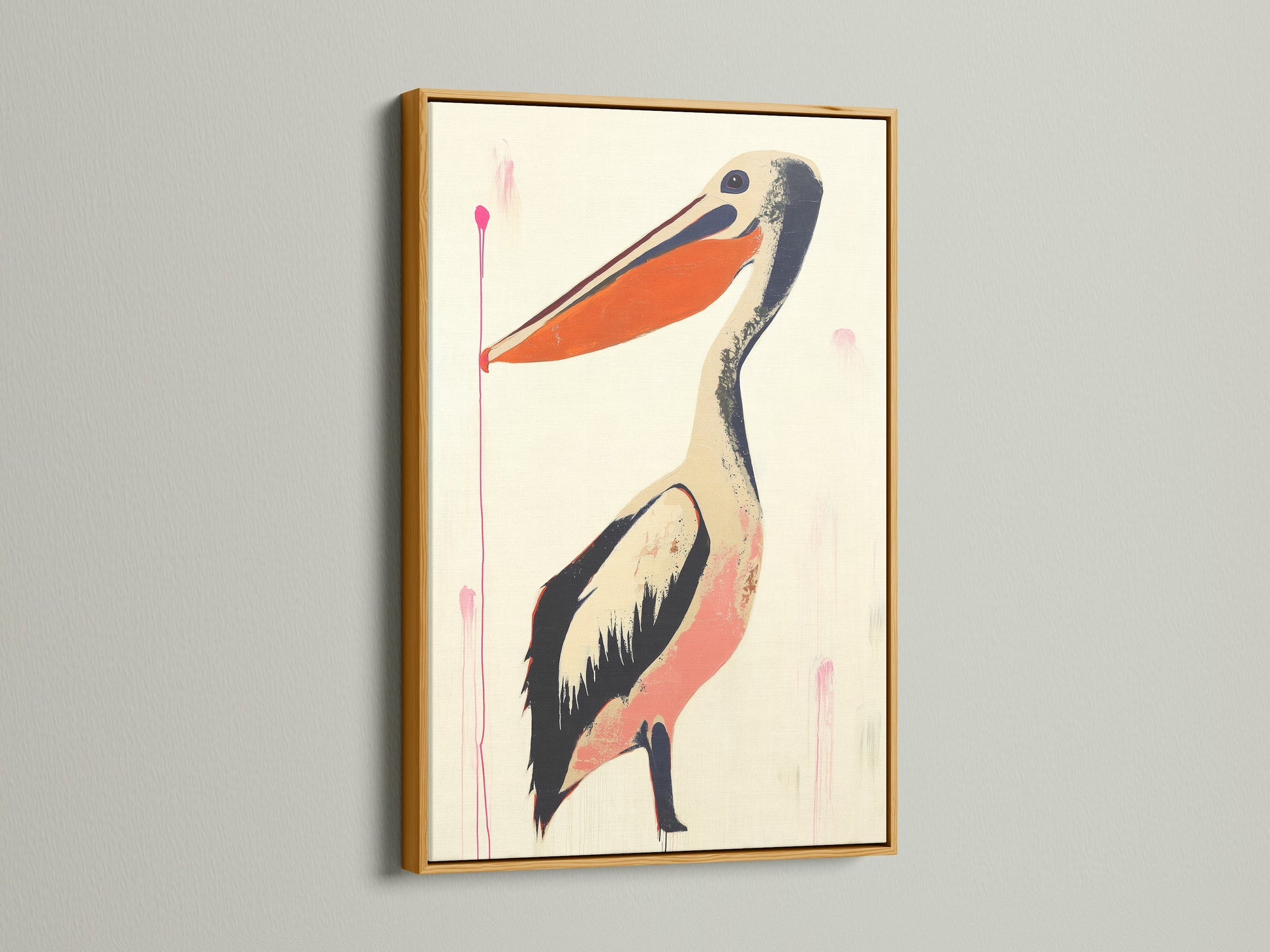 Artwork of a pelican in a gold frame. The gold frame adds a touch of luxury. It enhances the artwork's rich colors. This frame creates a focal point. It brings opulence to your home. Explore our framed art.