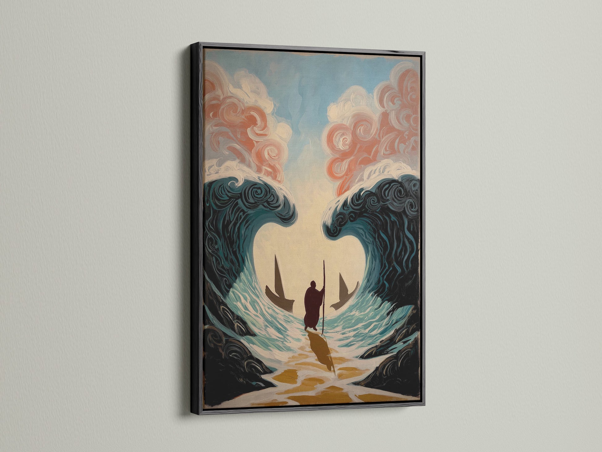 This is a black frame. The frame gives a bold classic feel. The artwork is displayed on a white wall with natural light. This frame adds drama and elegance. Ideal for any artwork style. Make a statement with this striking frame.