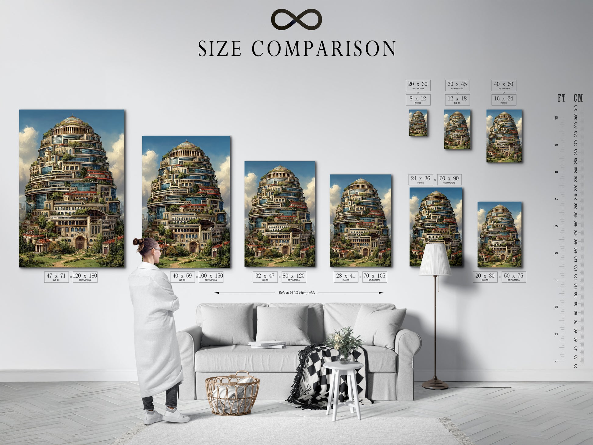 A size comparison chart displayed in an interior setting. See how this fantasy architecture print fits in your space. This surreal tower canvas enhances any wall. The primary color is brown. The secondary color is green. It is perfect as office art.