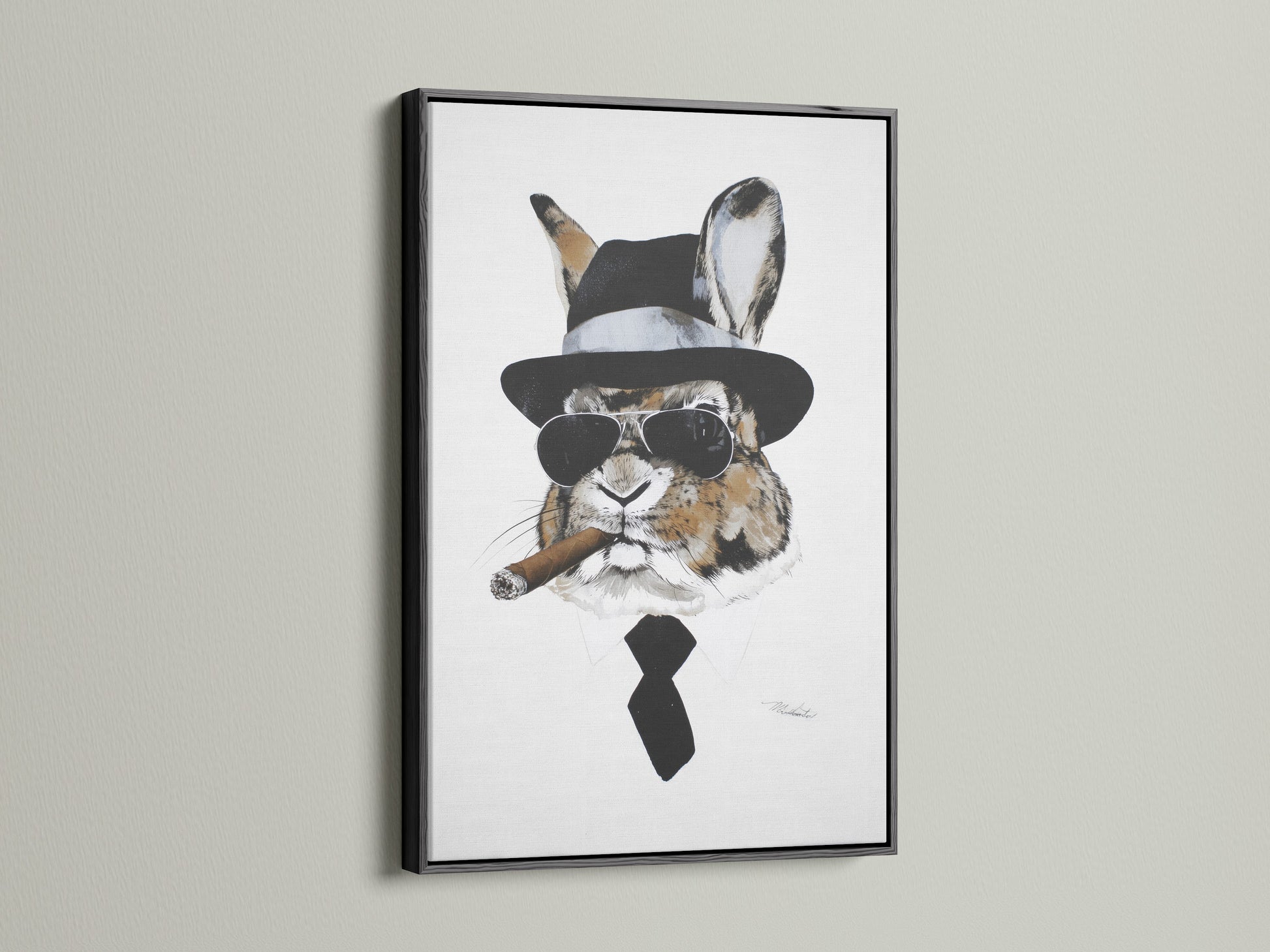 Gentleman Rabbit art in a black frame. A sophisticated choice for office wall art. The black frame adds contrast and elegance. It is a dapper animal print that stands out. Ideal for urban and eclectic styles. The artwork is a unique statement piece.