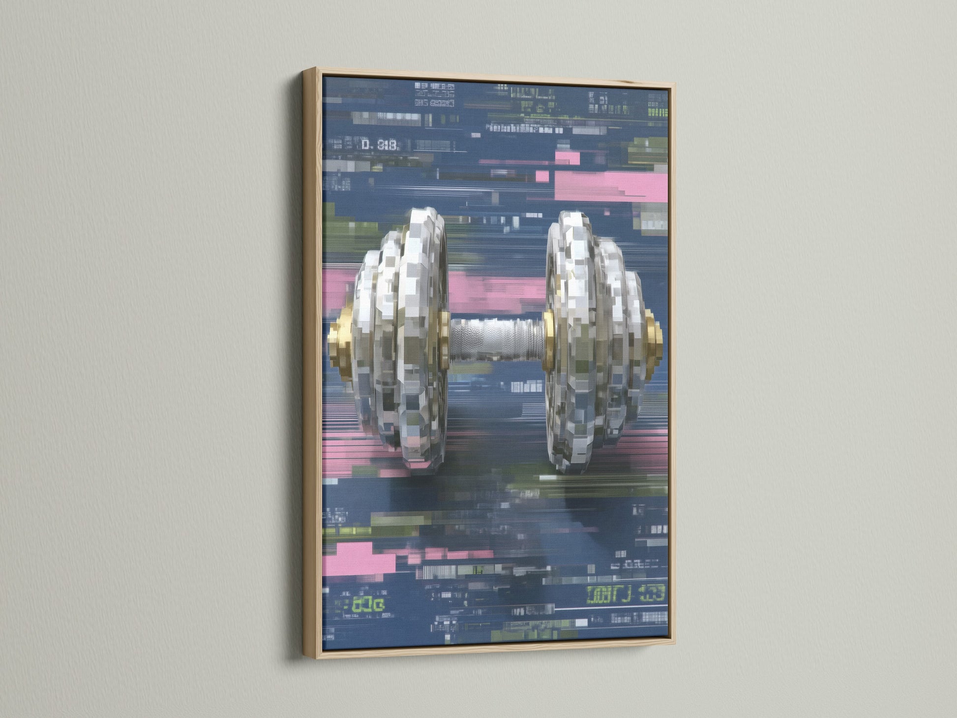 Digital Glitch Dumbbell Art in an oak frame. This cyberpunk wall art is a fitness canvas print. The oak frame complements the pixel art print. Add tech wall decor to your home gym.