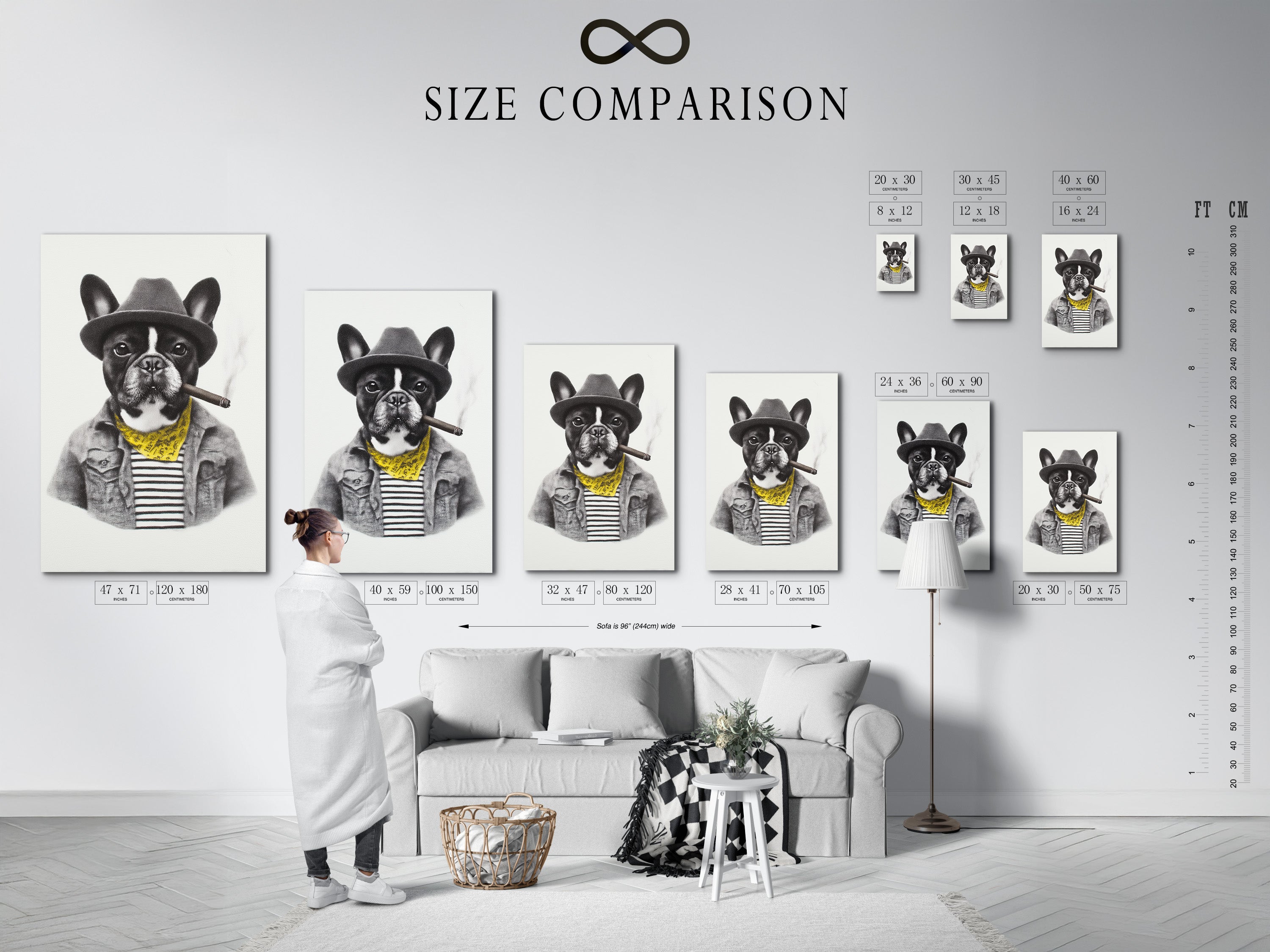 The size comparison chart displayed in an interior setting. See how the French Bulldog art print fits in various spaces. Choose the perfect size for your quirky wall art. This helps visualize how the vintage dog poster will enhance your decor.