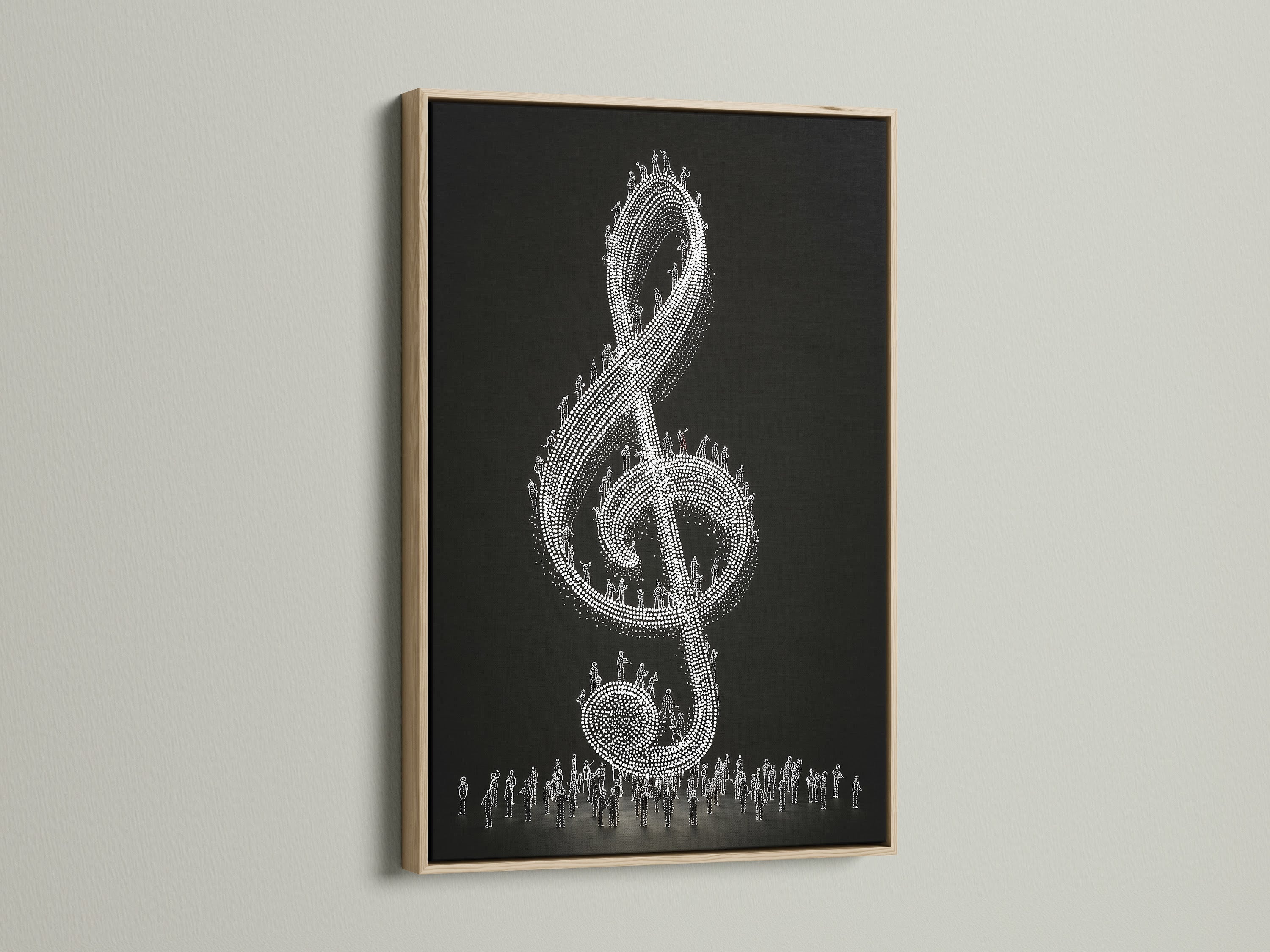 This musical wall decor features an oak frame. The black and white treble clef artwork stands out. It's ideal for a music studio or living room. The frame enhances the art's contemporary style. Elevate your space with this unique piece.