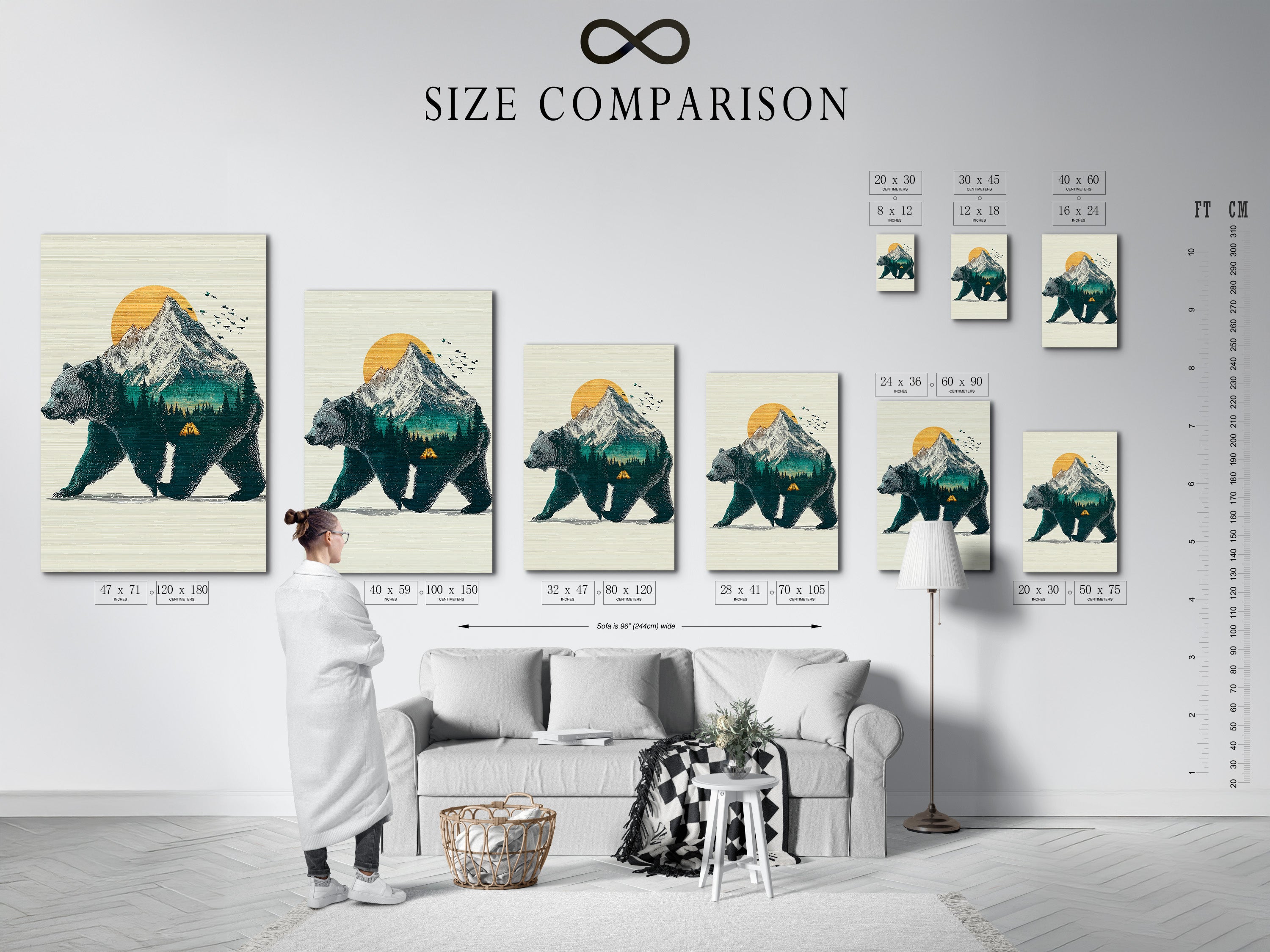 This is a size comparison chart in an interior setting. It helps you visualize different print sizes. Choose the perfect size for your space. Find the ideal artwork dimensions today