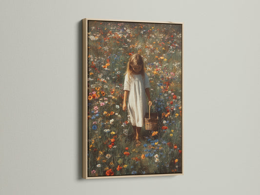 Oak frame art print. The artwork features a girl with a basket in a field of wildflowers. The oak frame enhances the art. It adds a touch of natural warmth. Perfect for adding a rustic touch to your space.