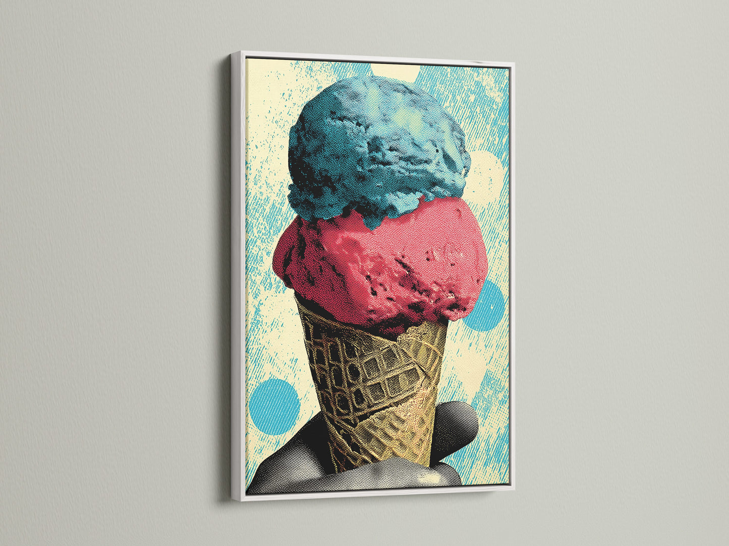 An ice cream artwork is beautifully encased in a white frame. The white frame offers a clean and modern look. This artwork will brighten any room. A versatile choice for various interior styles.