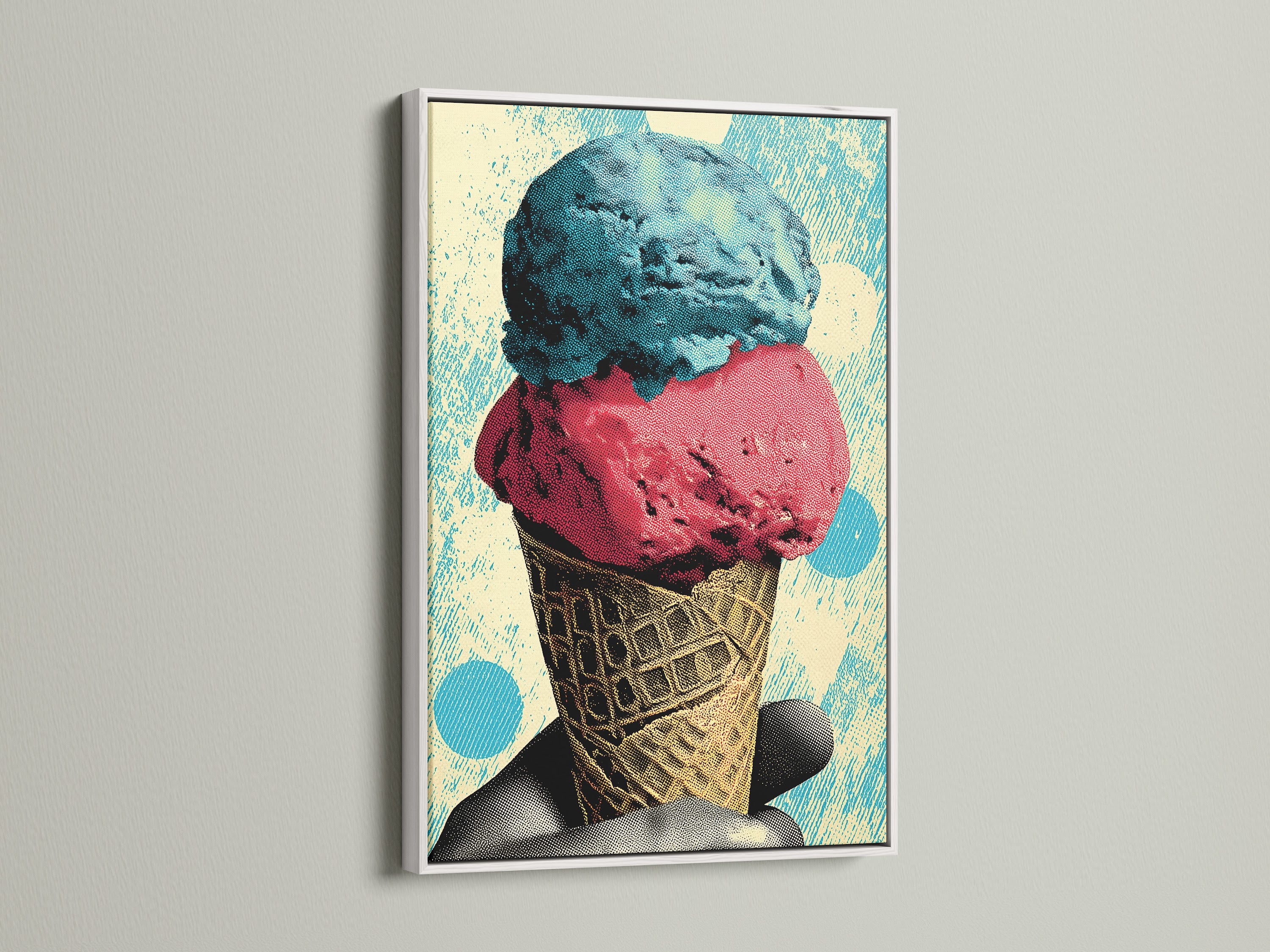 An ice cream artwork is beautifully encased in a white frame. The white frame offers a clean and modern look. This artwork will brighten any room. A versatile choice for various interior styles.