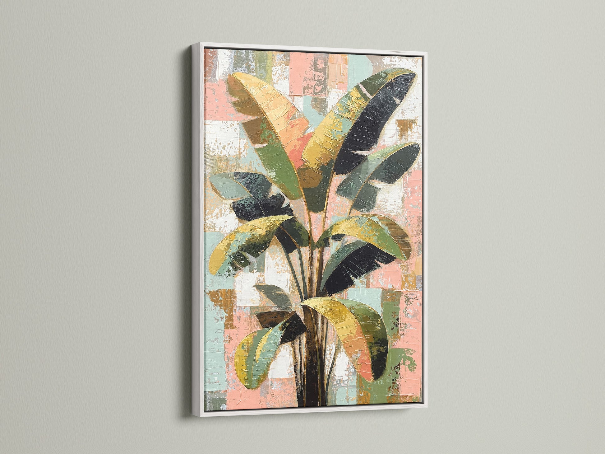 Tropical plant artwork displayed in a white frame. A modern botanical canvas print adds a fresh touch. Ideal for minimalist contemporary or boho styles. Elevate your living room or office art.
