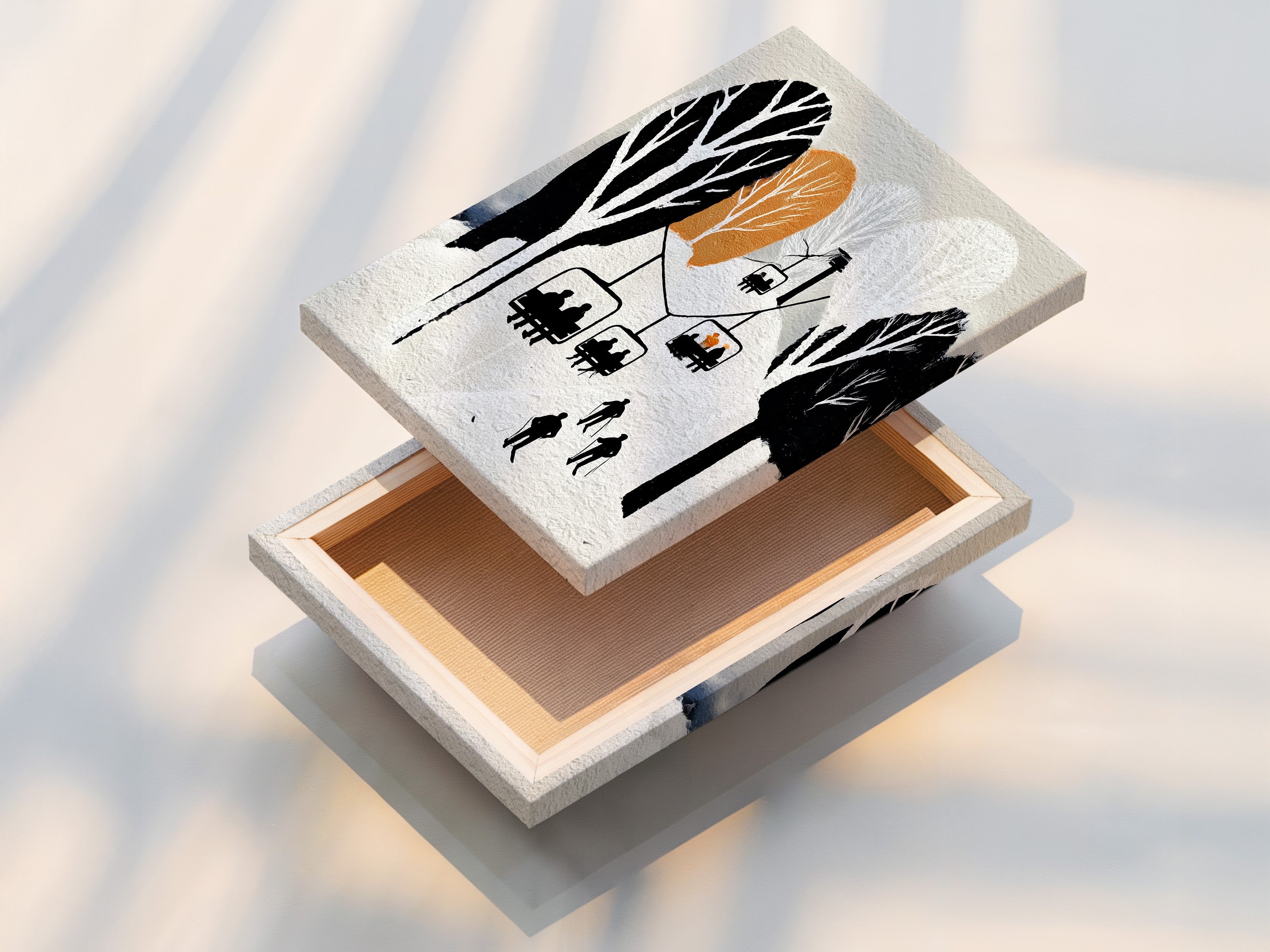 A stretched canvas print of a ski lift artwork is displayed. This winter mountain wall art captures a vintage ski resort poster aesthetic for cabin decor. The snowy alpine artwork enhances lodge styles. Minimalist mountain canvas for living rooms bedrooms or ski chalets.