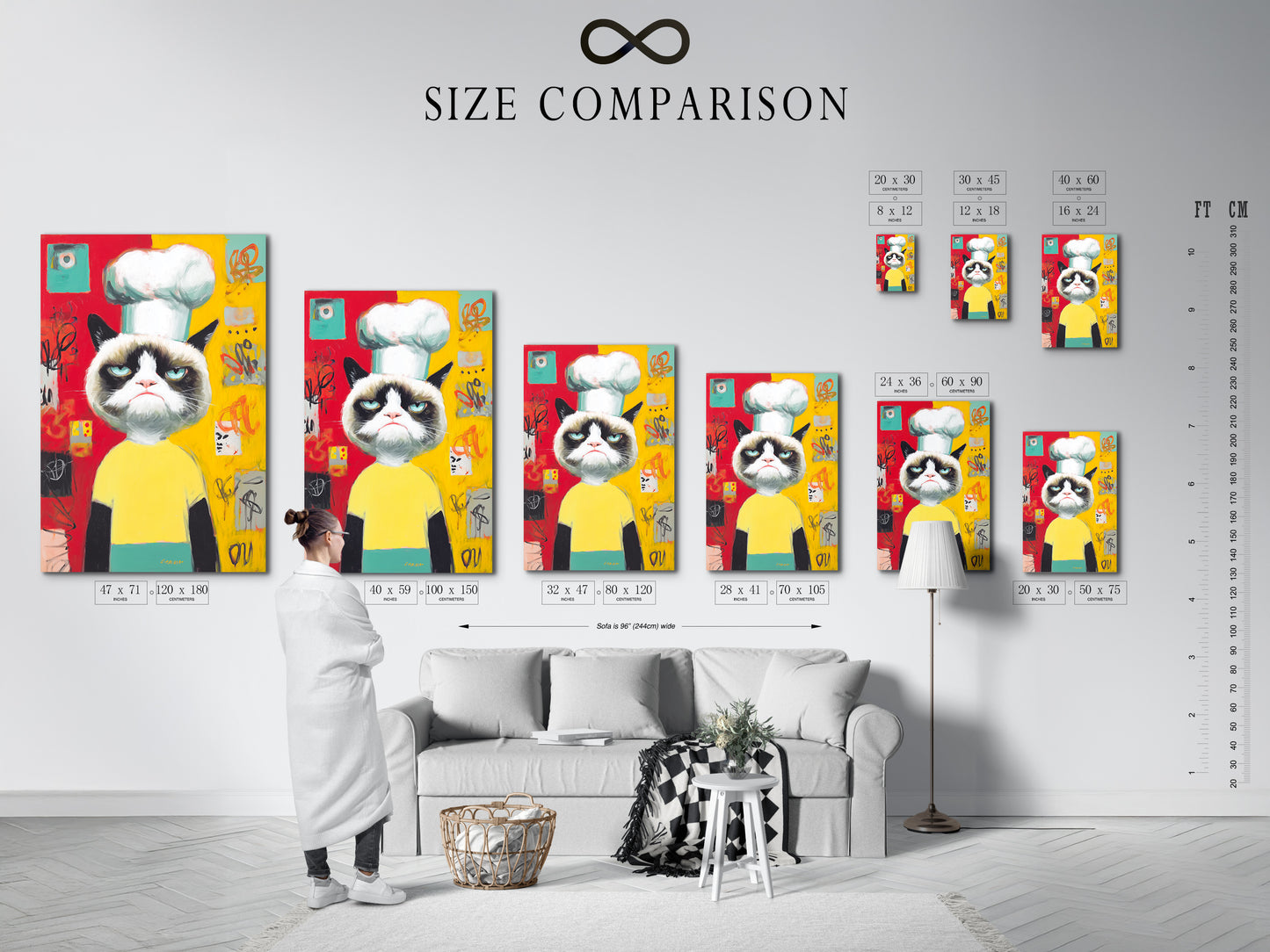 A size comparison chart in an interior setting. This helps you visualize the perfect dimensions for your space. See how the Chef Cat Wall Art fits in different room sizes. Choose the ideal size for your kitchen wall decor.