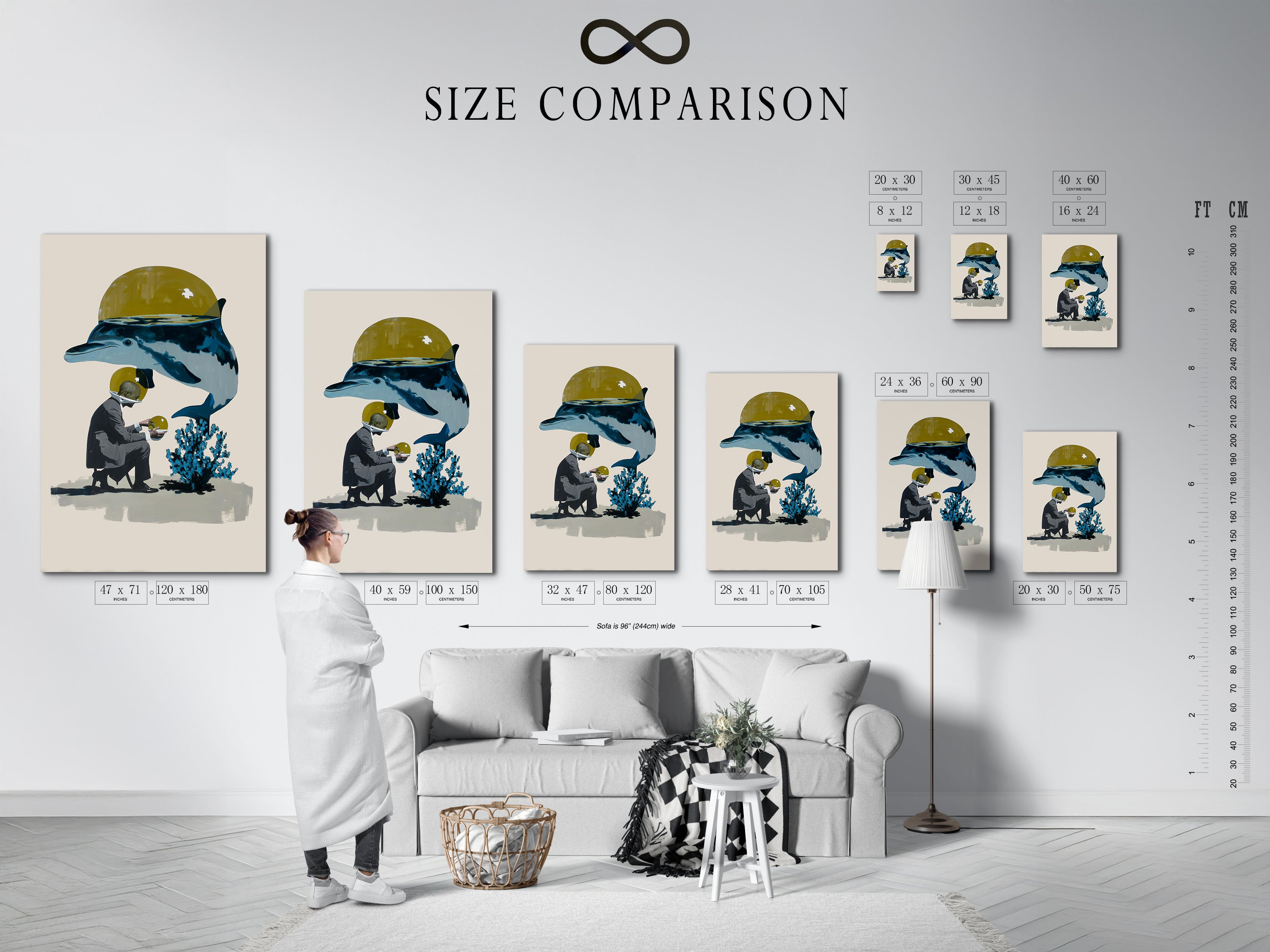 Size comparison chart for the artwork in an interior setting. Visualize how the artwork fits in your space. The artwork features a diver and a whale. See the impact of this contemporary marine life art. Choose the perfect size for your decor.