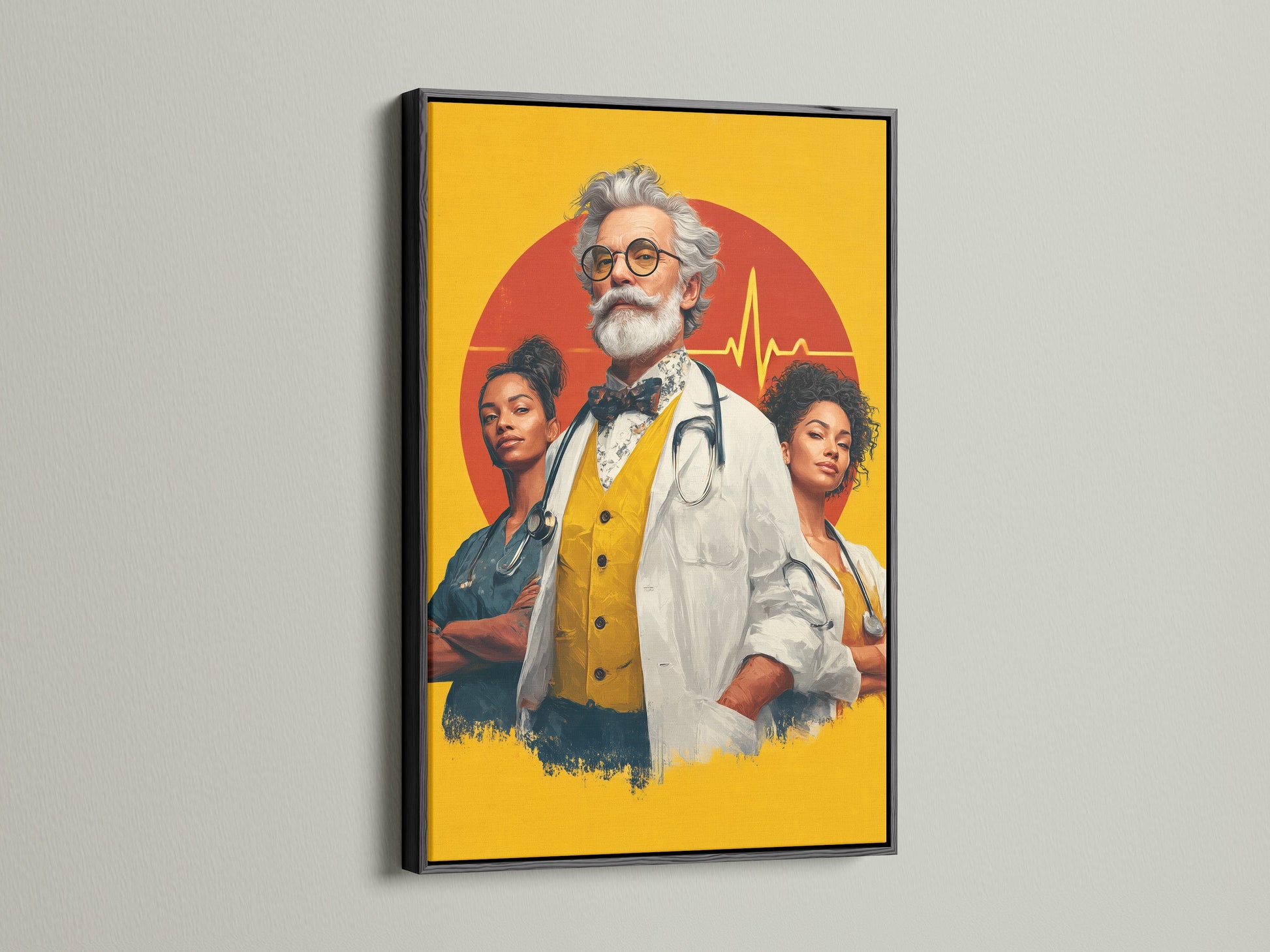 This image shows medical team artwork in a sleek black frame. The artwork features a doctor and nurses with a yellow and red design. Ideal for medical clinic art and doctor wall art. The black frame adds a modern touch to this healthcare heroes piece.