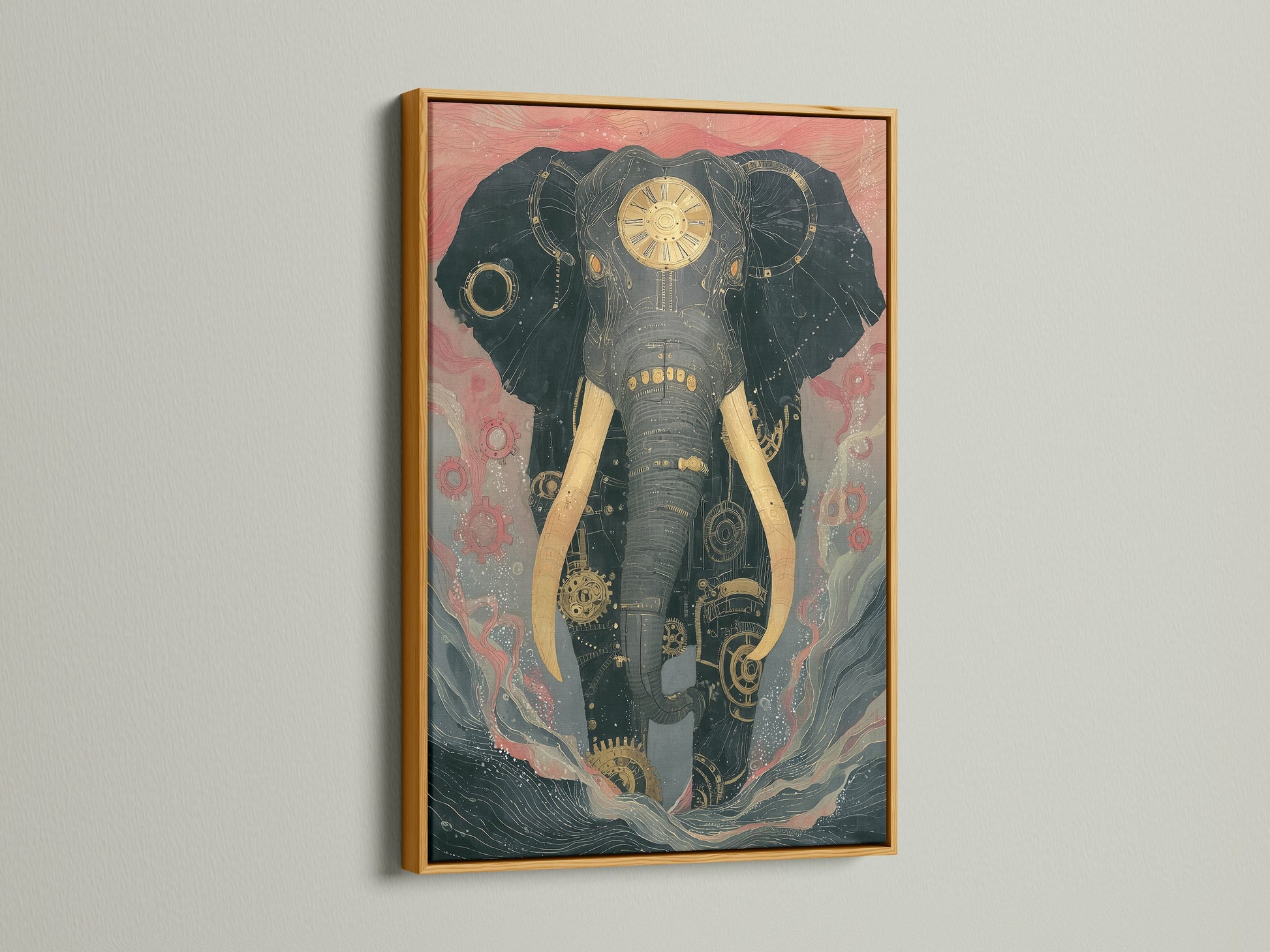 Steampunk Elephant artwork framed in a gold frame. This mechanical animal art is eye-catching. Elevate spaces with industrial home decor. This vintage wall art enhances studios and boardrooms.