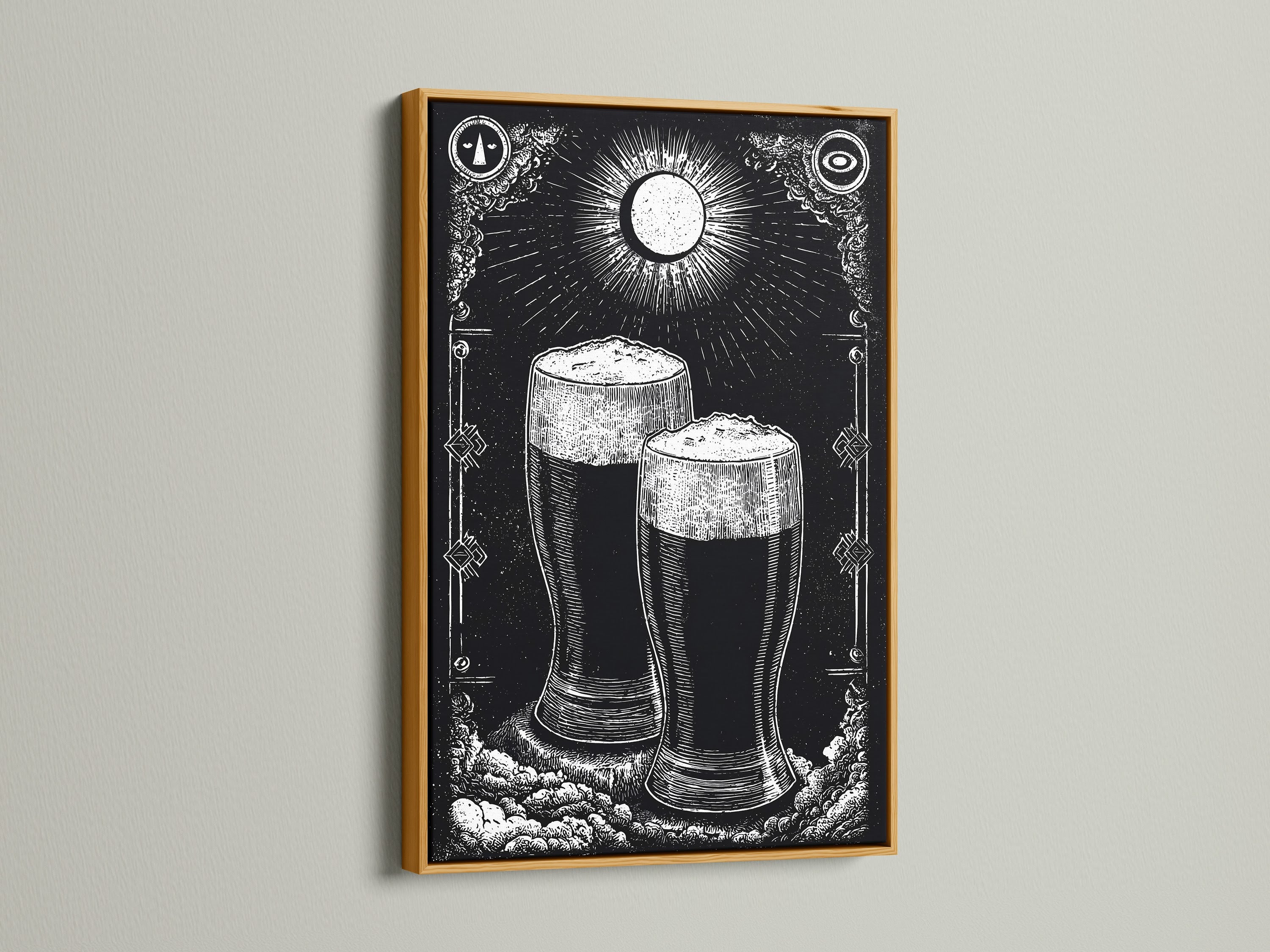 Gold Frame is highlighting a striking black and white artwork. The artwork features two glasses of dark beer under a moon. The golden frame adds a touch of luxury. It is a great choice for elevating your home decor with a hint of sophistication.