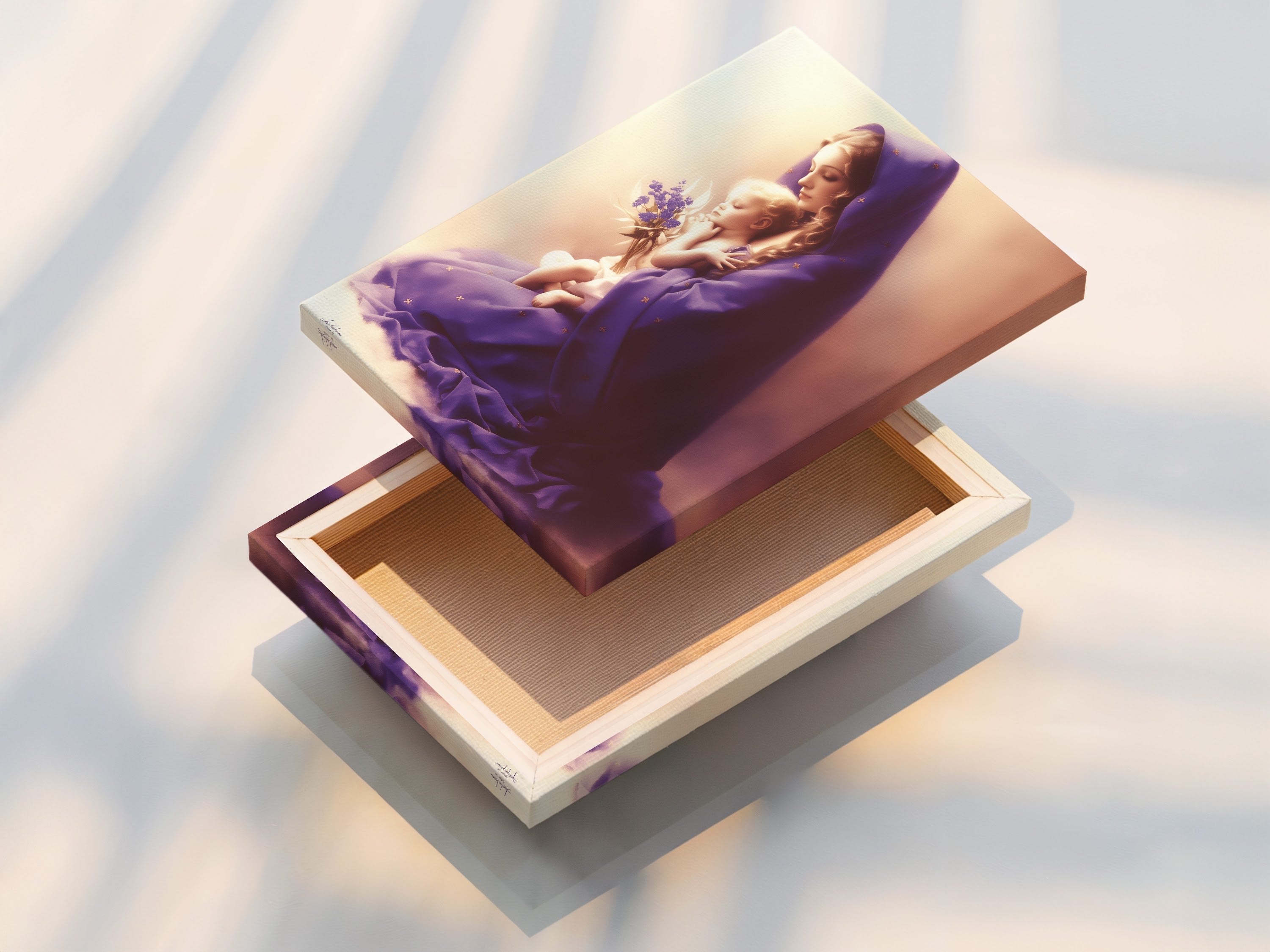 Beautifully stretched canvas print of a Mother Child artwork. This religious piece is ready to hang. The Madonna and Baby image brings spiritual comfort to any room. It is ideal for nursery or bedroom decor.