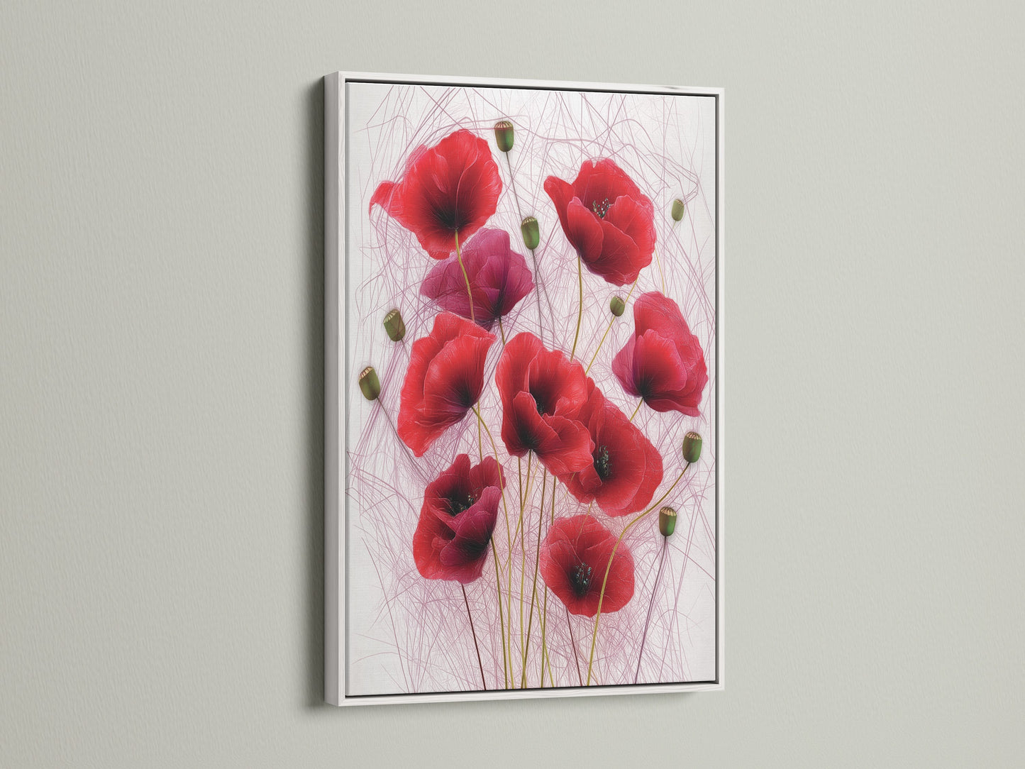 The red flower print is showcased in a crisp white frame. The contrast highlights the vibrant floral artwork. This botanical print brings a modern touch. Ideal flower wall decor for minimalist and modern interiors.