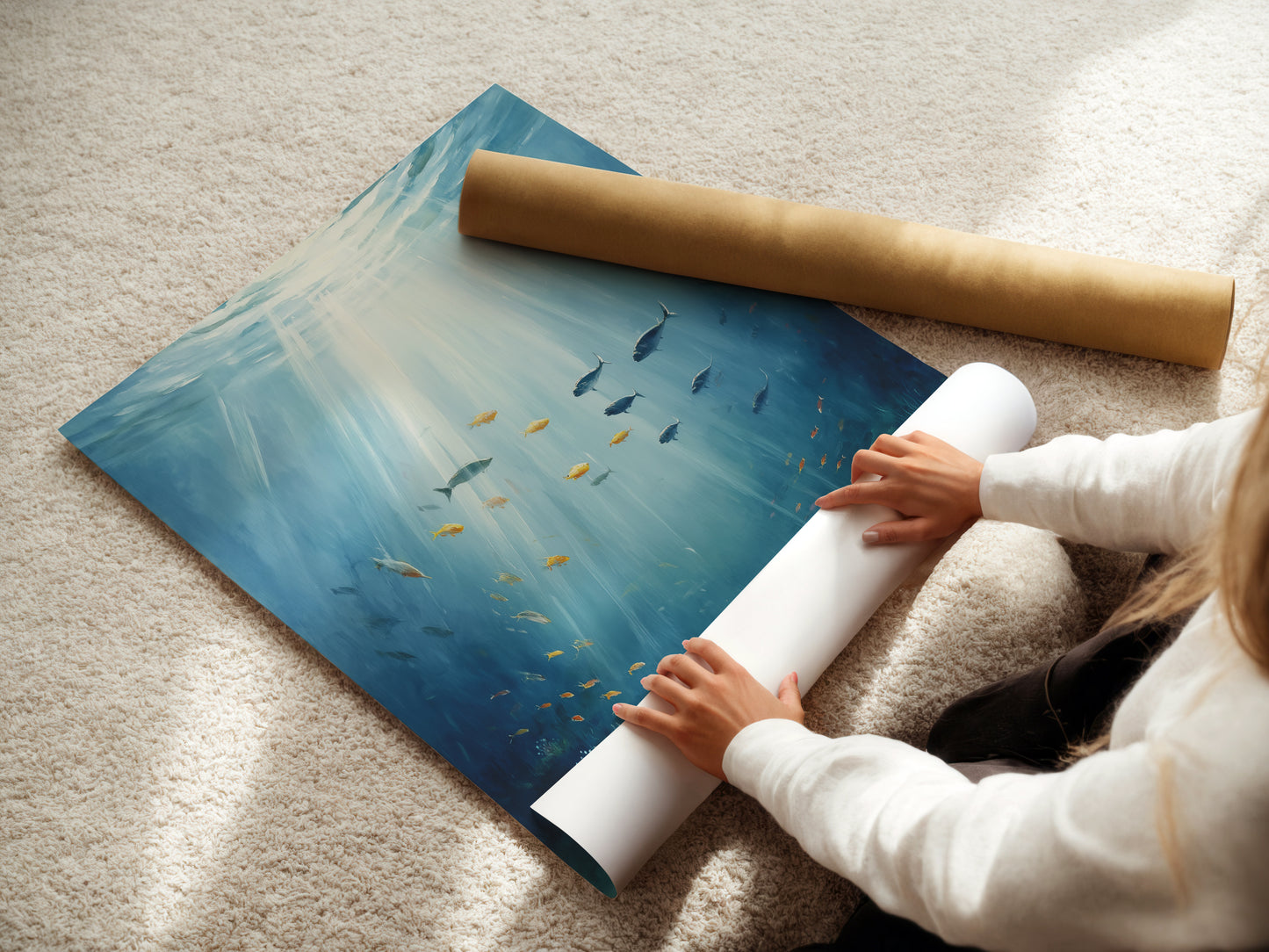 A woman carefully rolling a fine art poster paper. The paper features an underwater scene artwork. Itโs perfect for creating ocean-themed wall decor. Ideal for coastal and bathroom decor projects.