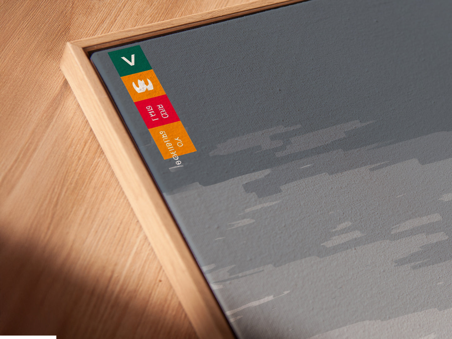 A close-up of a canvas print in a floating frame. The artwork features a giraffe with a city skyline and sailboats. The floating frame enhances the modern feel. It makes this piece a standout wall decor choice.