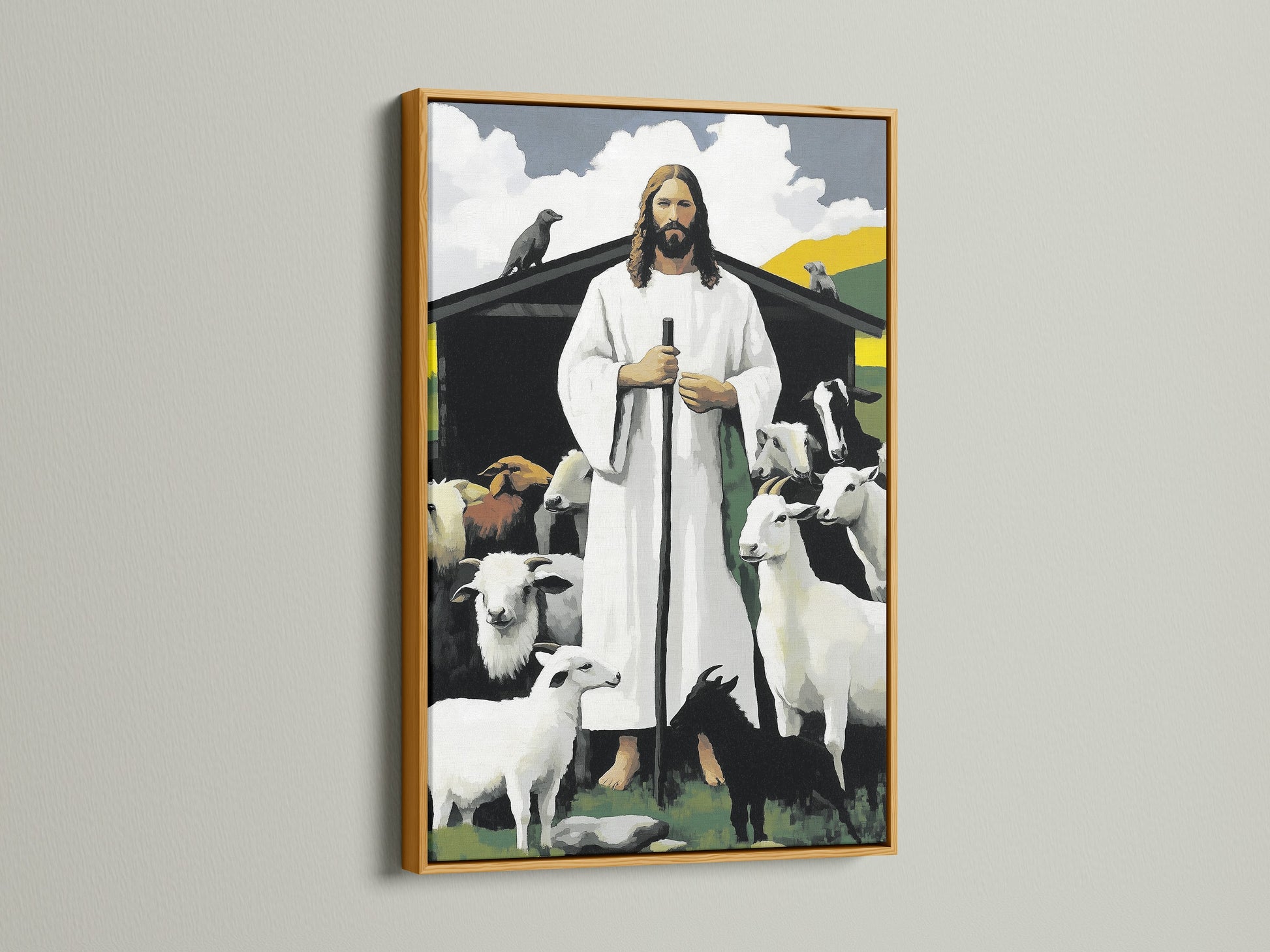The art piece is displayed in a gold frame. The artwork is Jesus with sheep. Gold frames bring a touch of luxury. This frame accentuates the artwork with warmth. Gold frames are perfect for traditional decor. They add a glamorous touch to any room. Elevate your artwork.