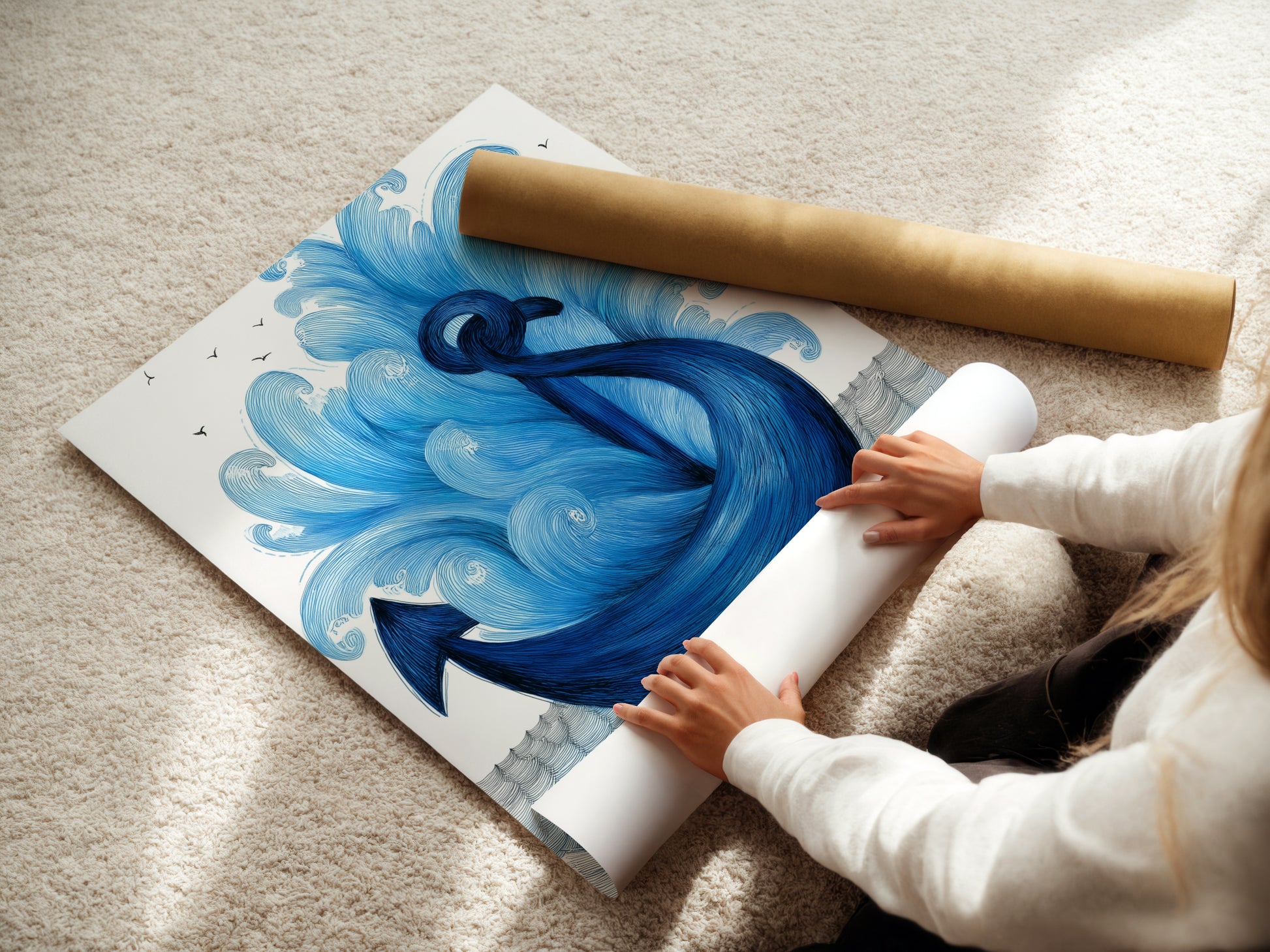 A woman carefully rolling a fine art poster paper print. She is preparing a navy blue anchor artwork. This coastal artwork is perfect for nautical themes. The fine art poster ensures high-quality details. Ideal for ocean canvas art enthusiasts. Perfect for enhancing any space with maritime art.