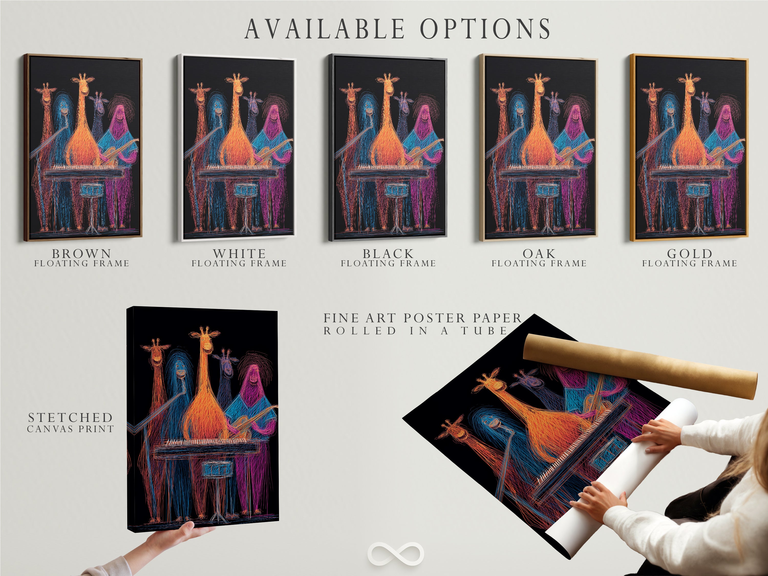 Available options include stretched canvas print fine art poster paper and floating frame. Choose your favorite style for giraffe band artwork. Colorful music wall decor is customizable. Neon animal musicians can be displayed your way. Create funky animal print art.