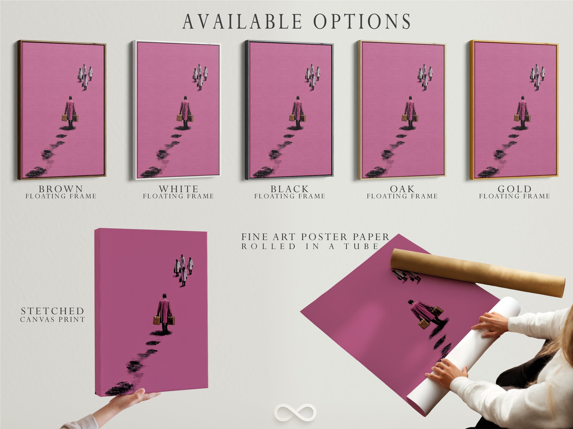 Available options for the surreal pink artwork are displayed. Choose between a stretched canvas print. A fine art poster paper is also available. A floating frame adds a touch of elegance. This minimalist artwork elevates any space.