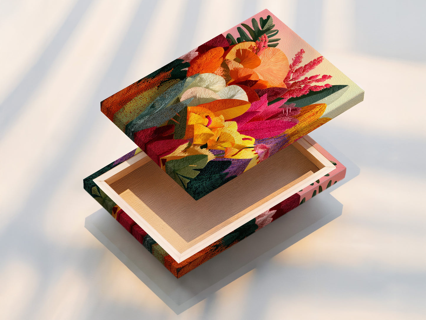 A stretched canvas print is displayed. The canvas print features a vibrant floral artwork. The stretched canvas provides a gallery-worthy look. This ready-to-hang artwork can instantly enhance any room's decor. It is a beautiful art print.