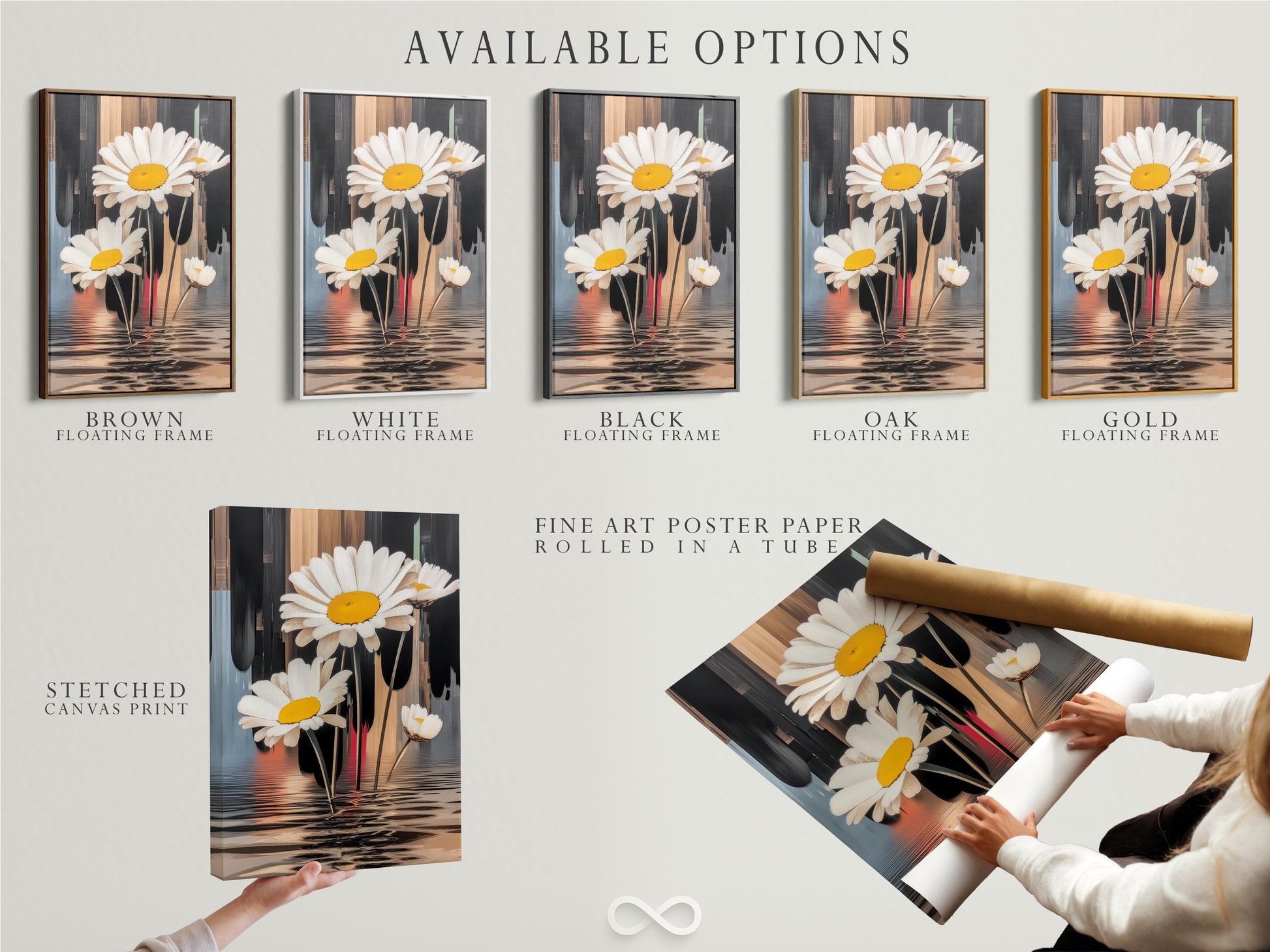 Available options are displayed including a stretched canvas print fine art poster paper and a floating frame. Customize your daisy artwork to match your style. Select the perfect option for your modern botanical decor. Enhance your space with floral art.
