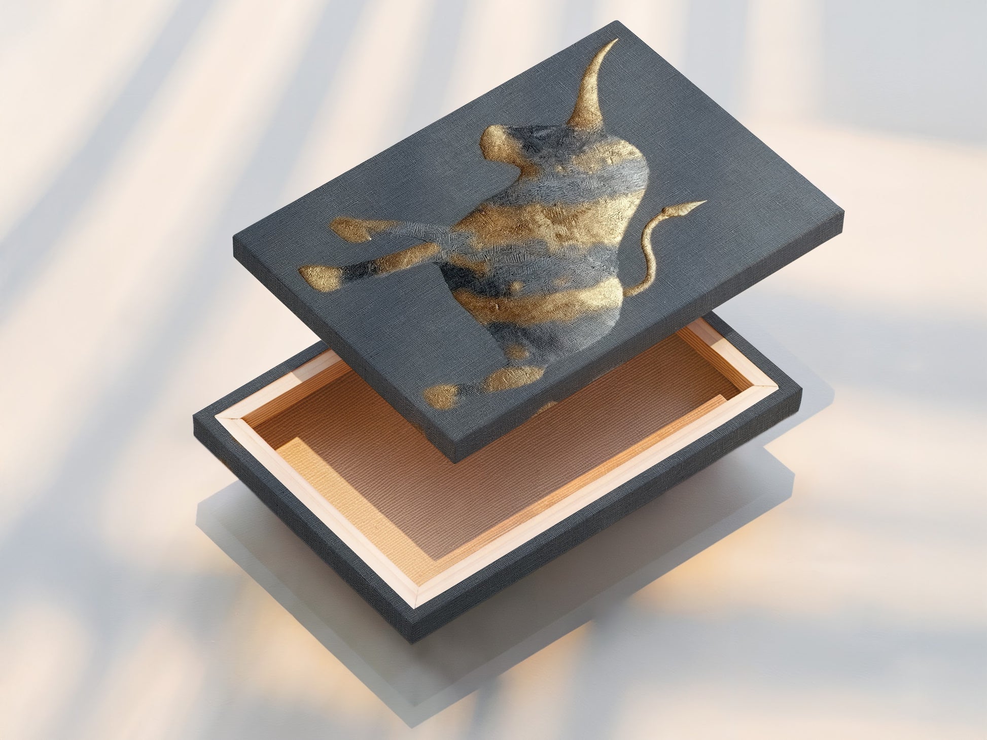 Here is a stretched canvas print of the golden bull artwork. The abstract animal wall art is ready to hang. This modern art print is perfect for any room. It will look great in a study room or office. The canvas adds texture and depth to the piece. It is suitable for minimalist and rustic styles.