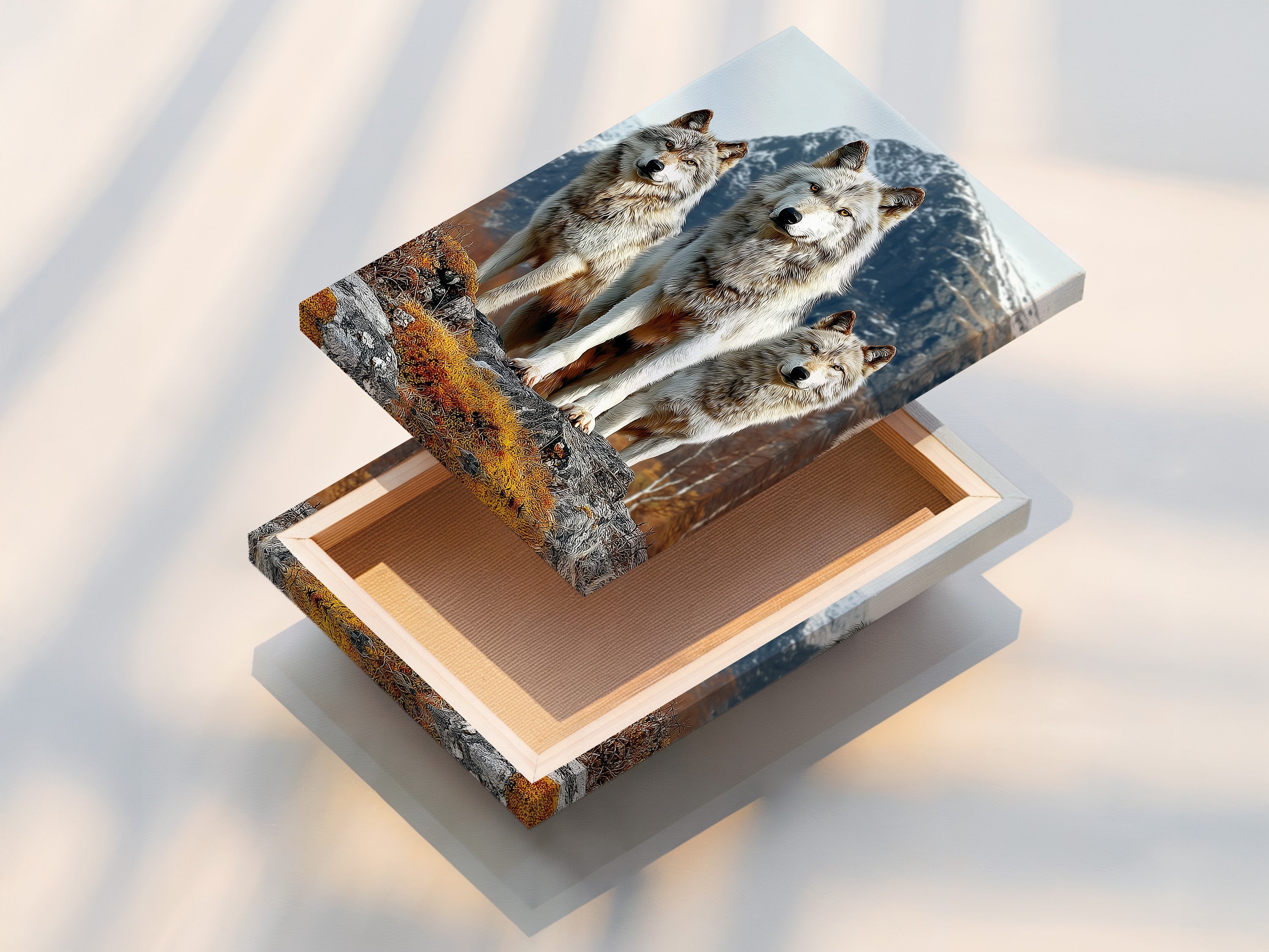 A stretched canvas print of a wolf pack is displayed. The canvas enhances the details and colors of the wildlife animal artwork. Perfect for creating a gallery-quality display in your home. This mountain landscape artwork adds a touch of nature to any room. The wolf art print is ideal for lodge or cabin decor. It will bring the beauty of the wild indoors.