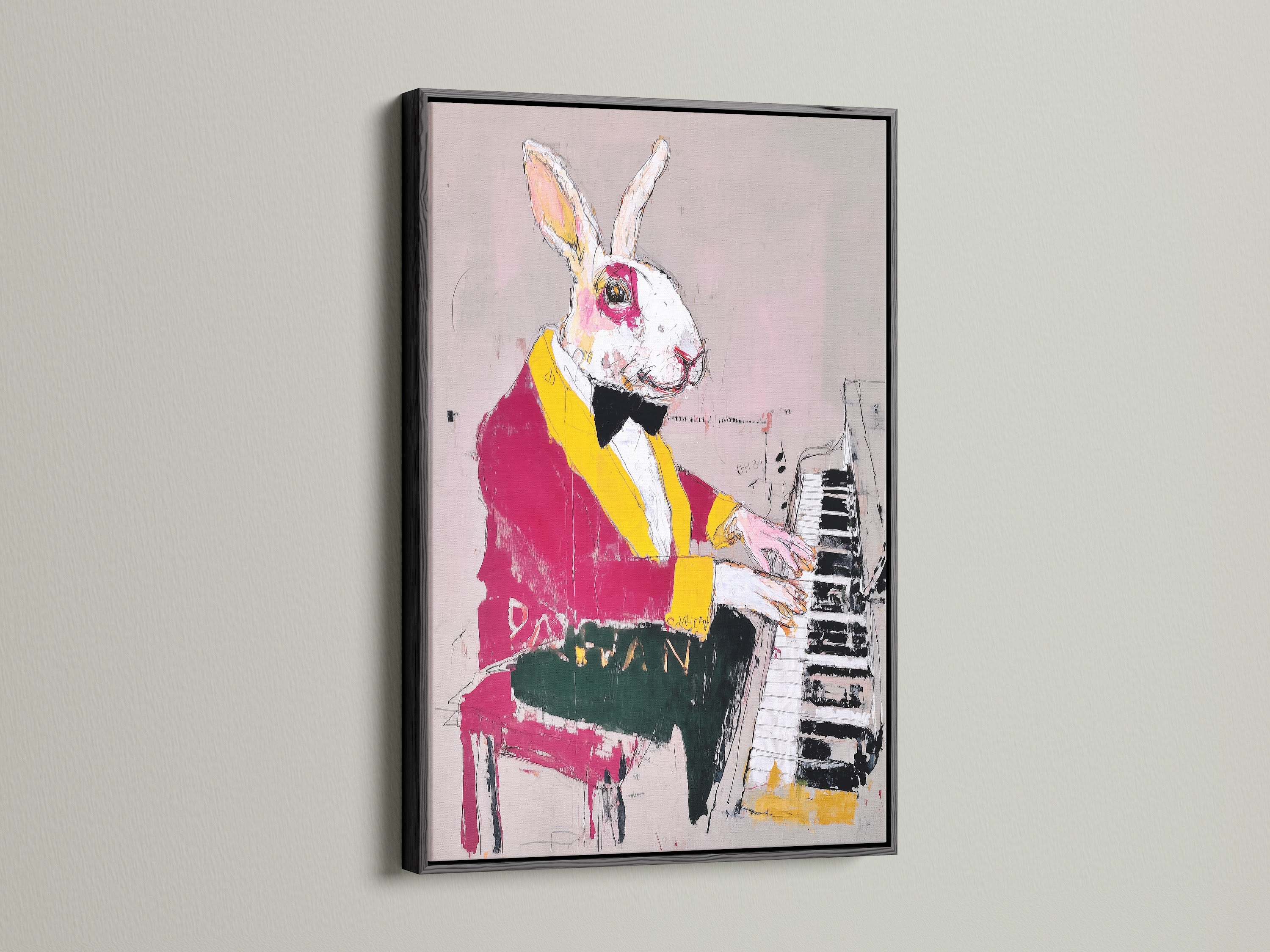 Enhance your decor with this Rabbit Pianist artwork in a black frame. A contemporary mixed media print featuring an animal musician. It's ideal for music teachers students and art lovers. This modern animal art offers artistic charm.