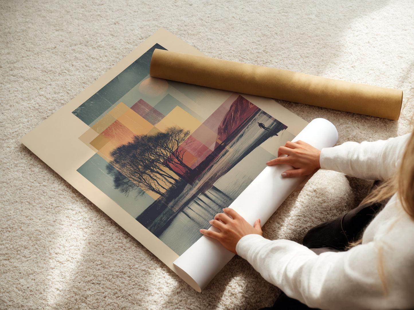 Woman rolling a fine art poster paper. The poster paper is high-quality. It will ensure that your artwork looks its best. This is the perfect way to display your favorite artwork.