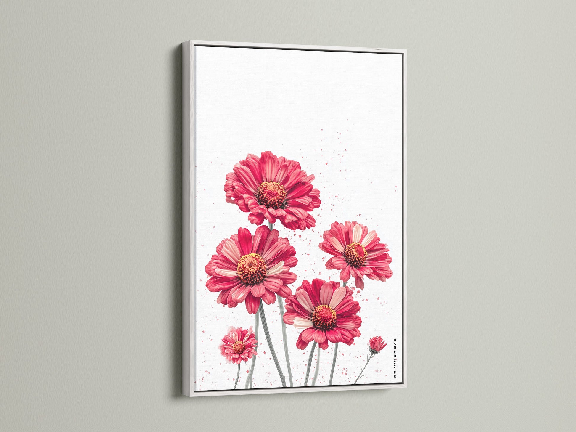 A red floral canvas print is showcased in a white frame. The flower wall art complements the bright space. This botanical print adds a clean modern look. Crimson decor stands out against the white background.