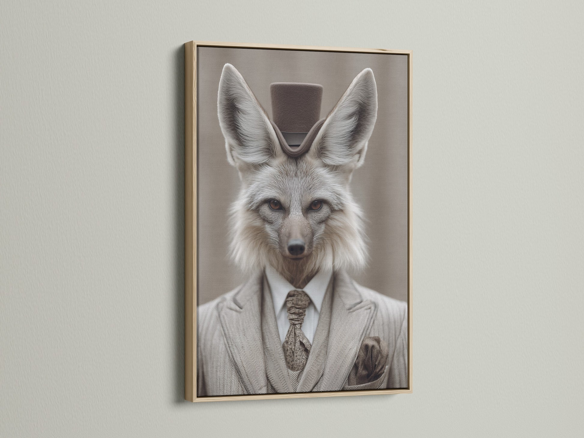 Fox Gentleman Canvas Print with an oak frame. This dapper animal wall artwork adds a touch of Victorian style to any study room. This artwork features a fox in a suit and top hat. The oak frame enhances the artwork's vintage charm. It is ideal for professionals academics and those with a fondness for unique decor.