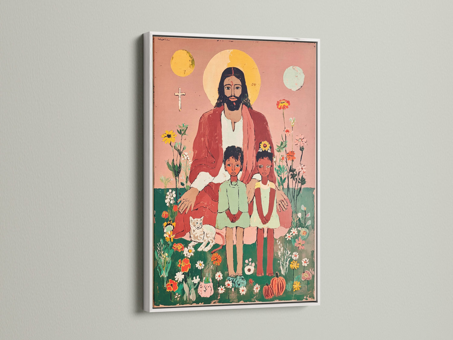 Christian Art Print showcasing Jesus Christ with two children. This religious canvas is set in a clean white frame. The folk art print brings faith based art to nurseries and kids' rooms. A beautiful piece of spiritual wall art.