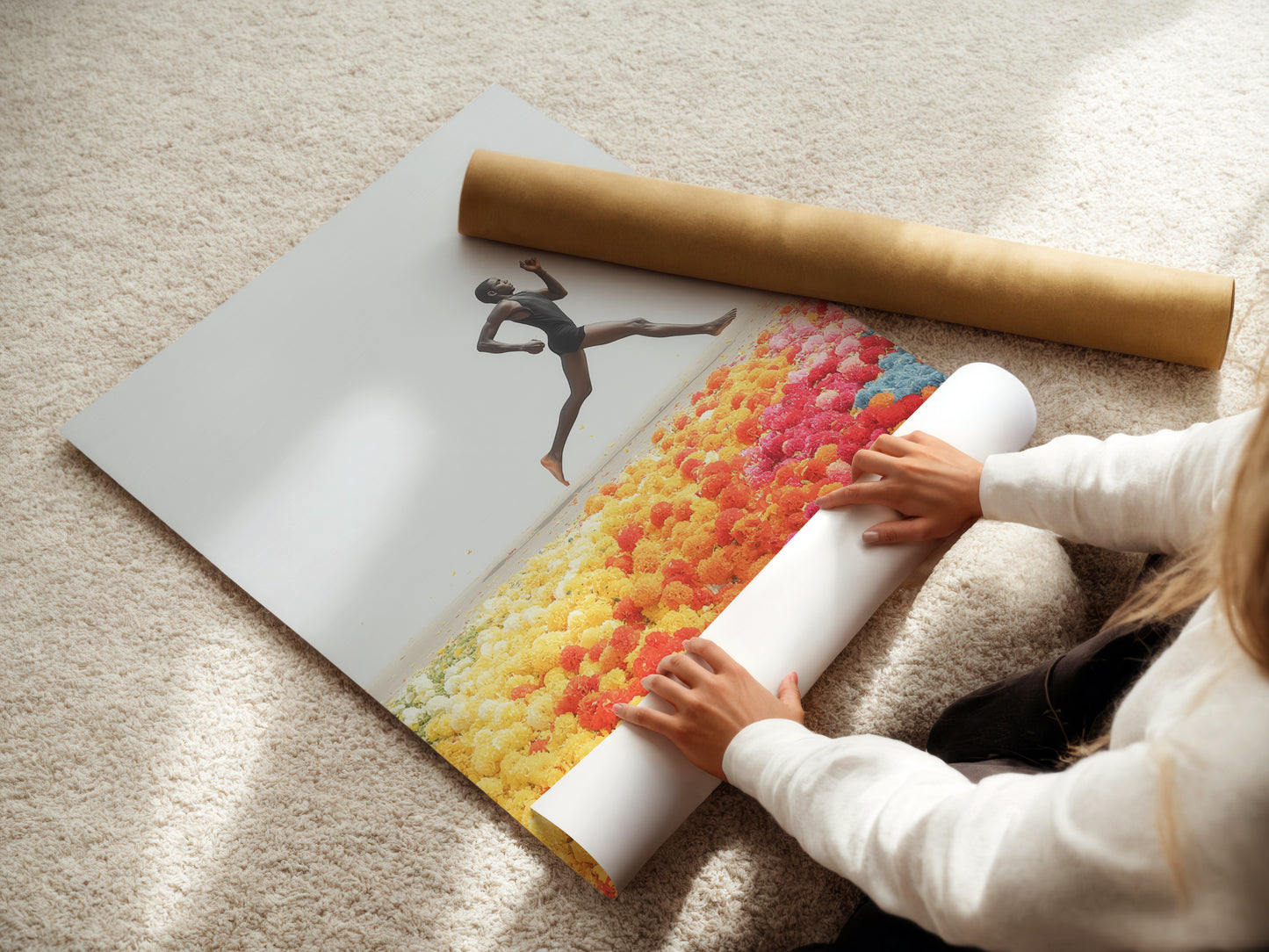 A woman is carefully rolling a fine art poster paper. Preparing a Runner artwork print. This shows the care and quality in each piece. Ideal for fitness studios or as a runner gift. Check out our athlete decor.