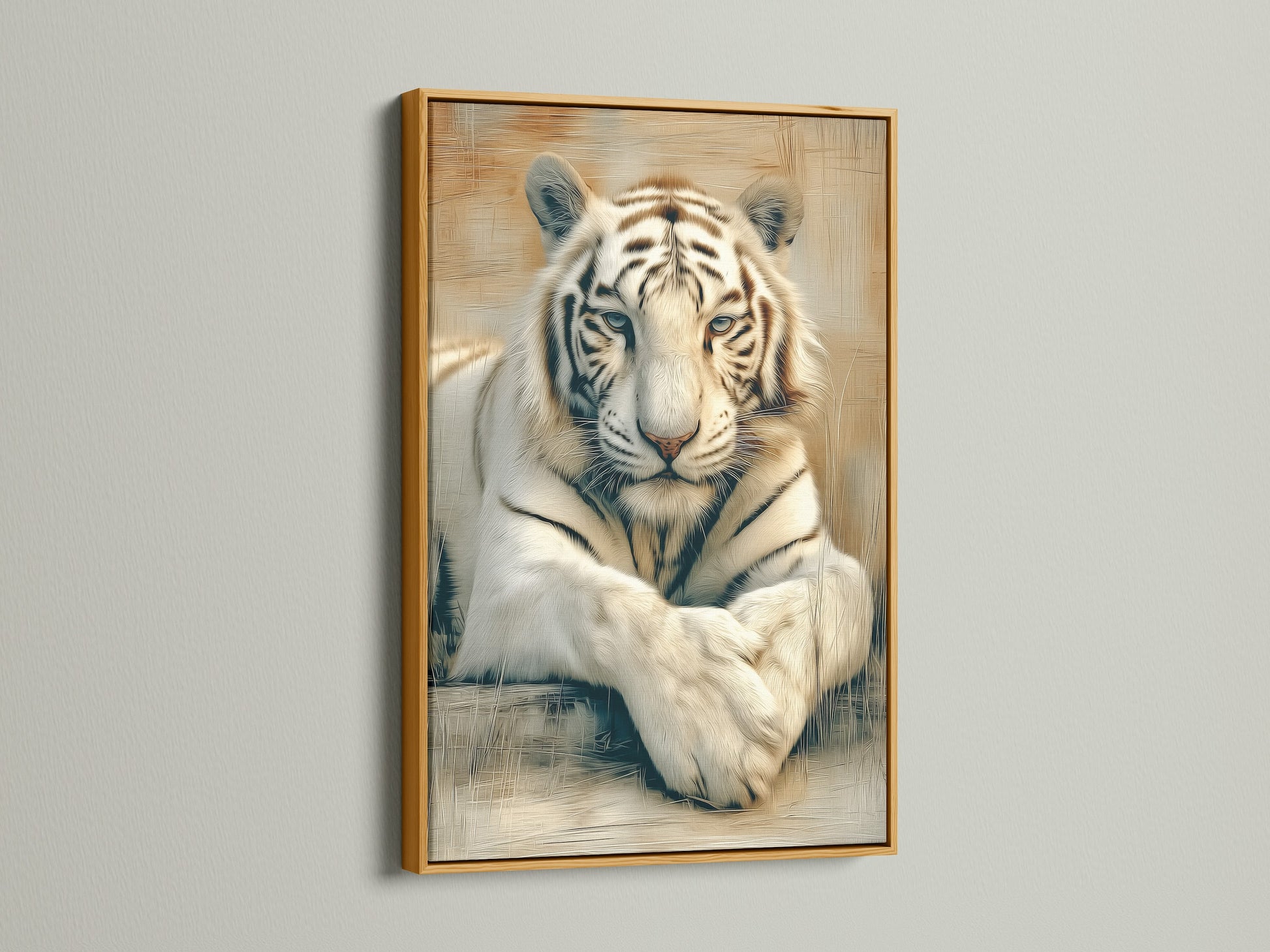 The majestic white tiger artwork is showcased in a luxurious gold frame. The safari wall decor adds elegance to any room. This wildlife canvas print will enhance your animal art collection.