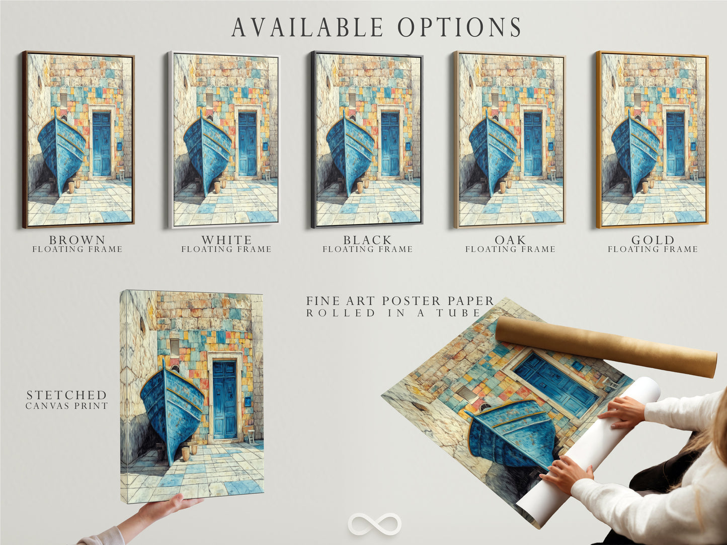 Explore available options for Coastal Boat artwork. Choose between a stretched canvas print fine art poster paper or a floating frame. Enhance your Mediterranean decor with turquoise blue accents. Create a nautical theme.
