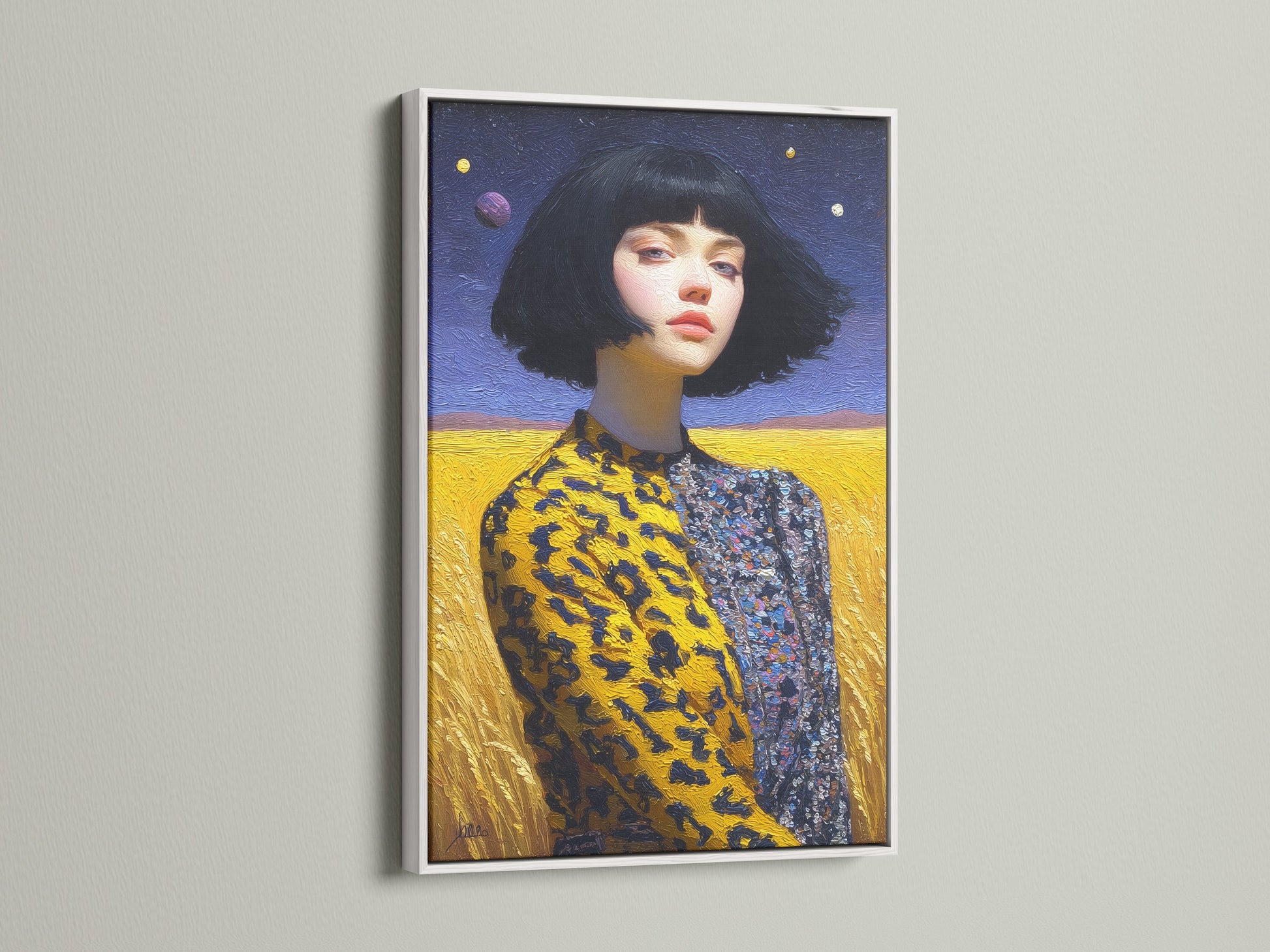 The surreal portrait artwork of a woman with a bob haircut is showcased in a white frame. The primary color is yellow. The secondary color is blue. A perfect addition to your living room bedroom or studio.