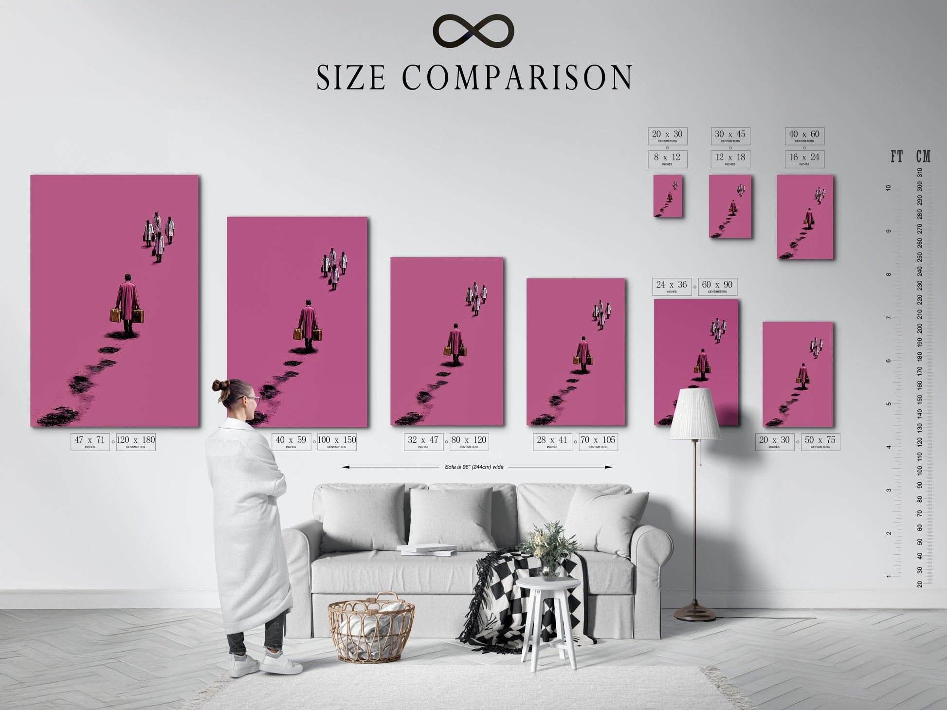 A size comparison chart in an interior setting. It shows the different sizes available for the surreal pink artwork. The minimalist canvas print can be customized. The contemporary abstract poster enhances waiting rooms.